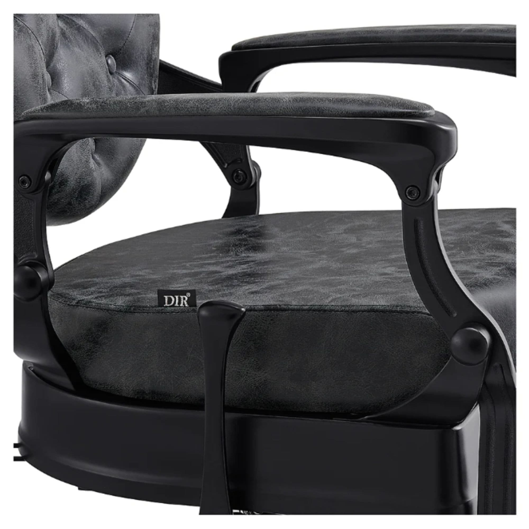 DIR Viking Classic Barber Chair Close-Up View Of Decorative Armrest Support And Vintage Black Upholstered Seat