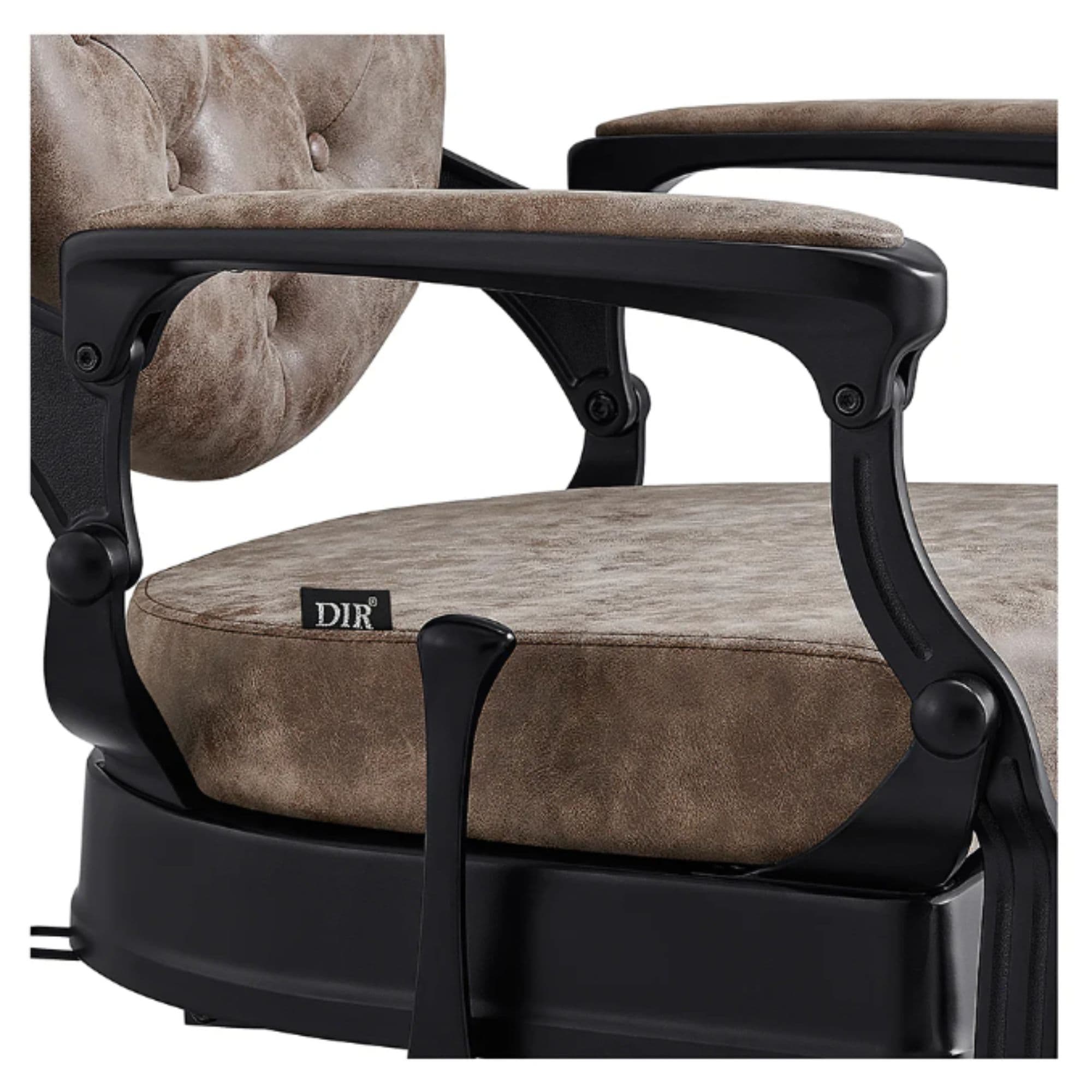 DIR Viking Classic Barber Chair Close-Up View Of Decorative Armrest Support And Vintage Brown Upholstered Seat