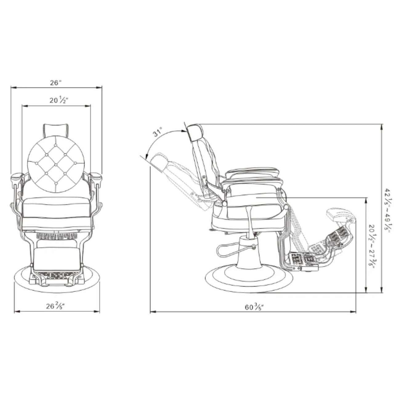 DIR Viking Classic Barber Chair Product Dimension Diagram