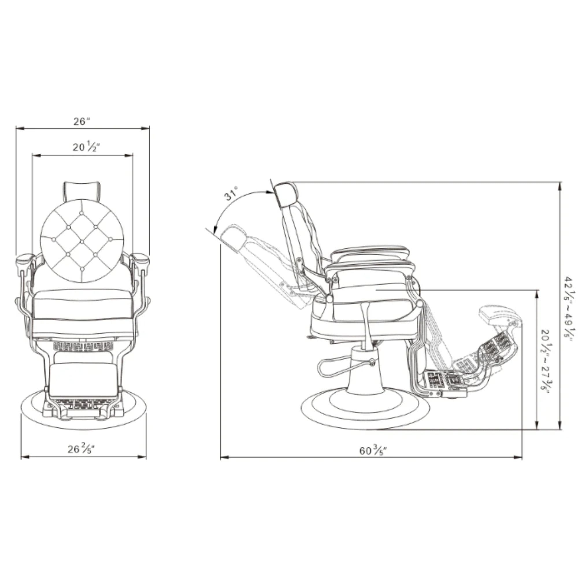 DIR Viking Classic Barber Chair Product Dimension Diagram