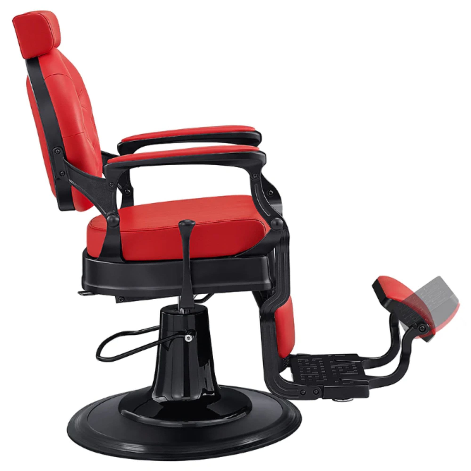 DIR Viking Classic Barber Chair Red Variant Side View Demonstrating The Swing Range Of Foot Rest Extension On White Background