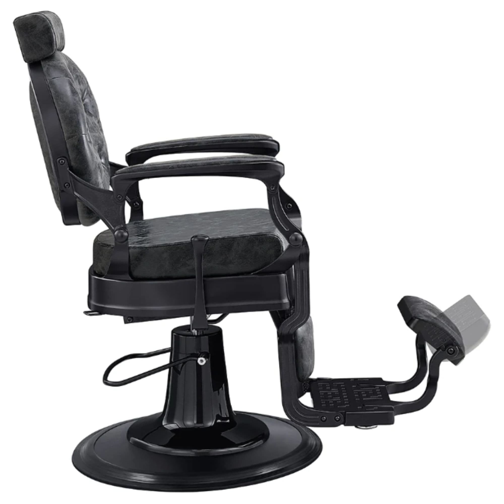DIR Viking Classic Barber Chair Vintage Black Variant Side View Demonstrating The Swing Range Of Foot Rest Extension On White Background