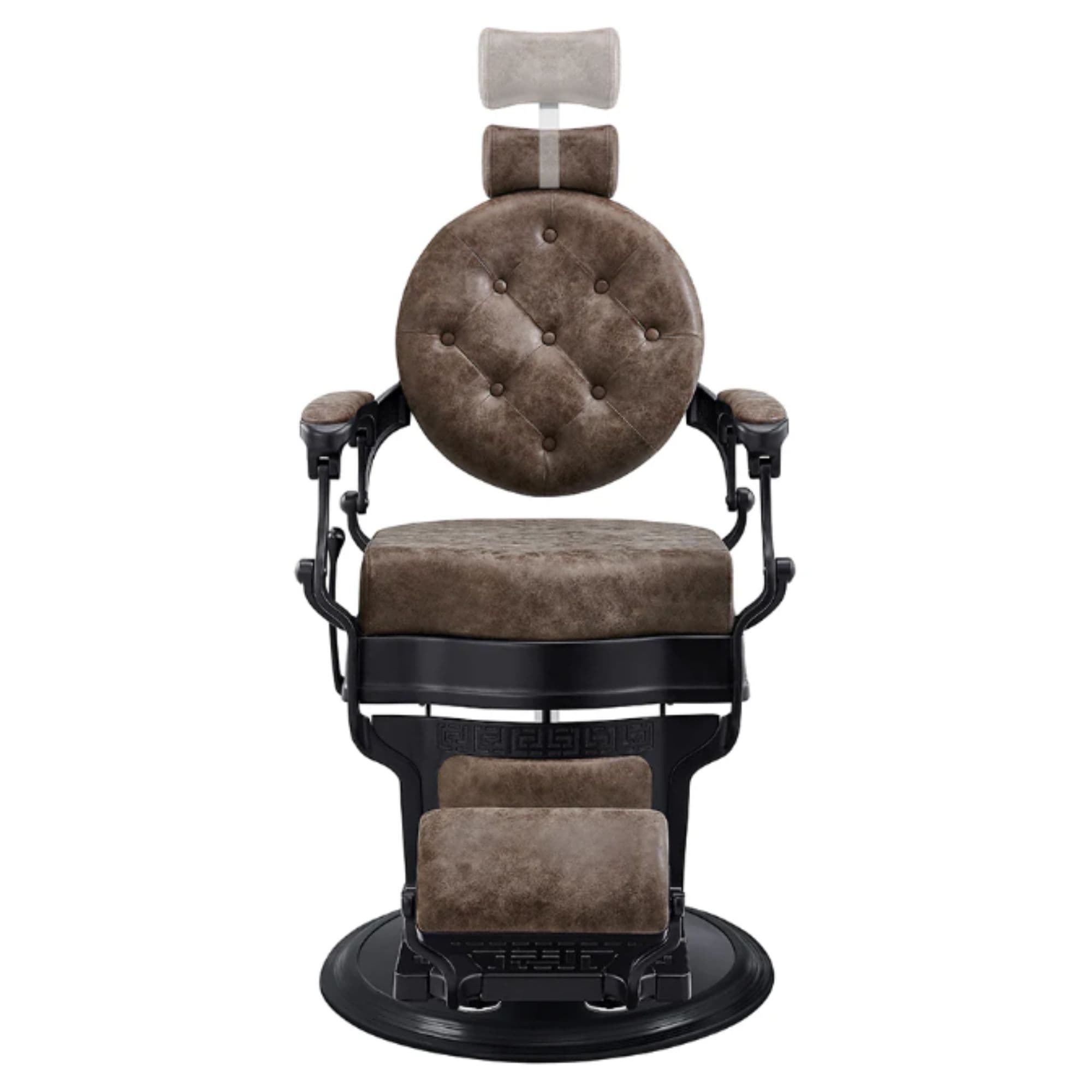 DIR Viking Classic Barber Chair Vintage Brown Variant Front View Demonstrating Pull Out Headrest Range On White Background