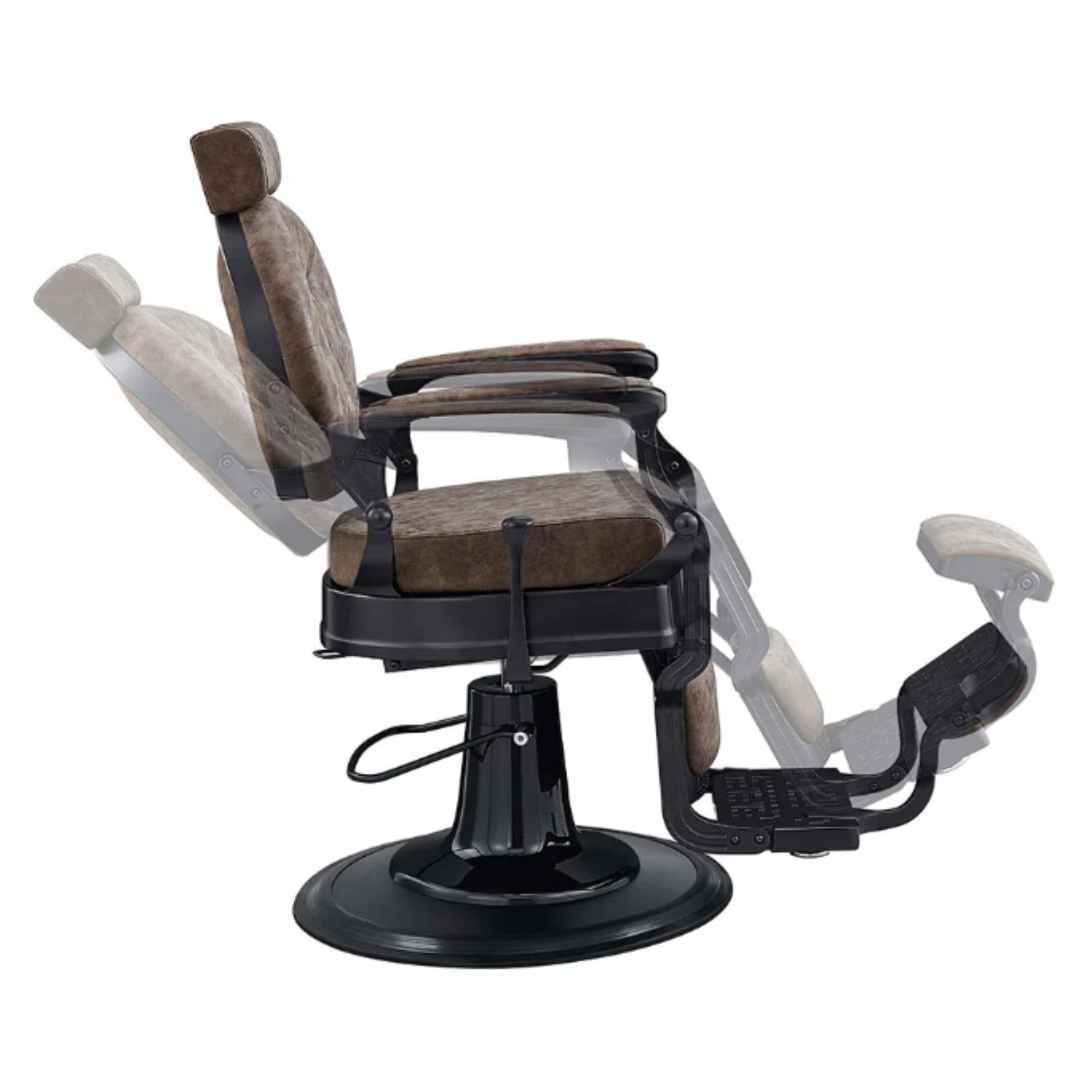 DIR Viking Classic Barber Chair Vintage Brown Variant Side View Demonstrating Swing Adjustment On White Background