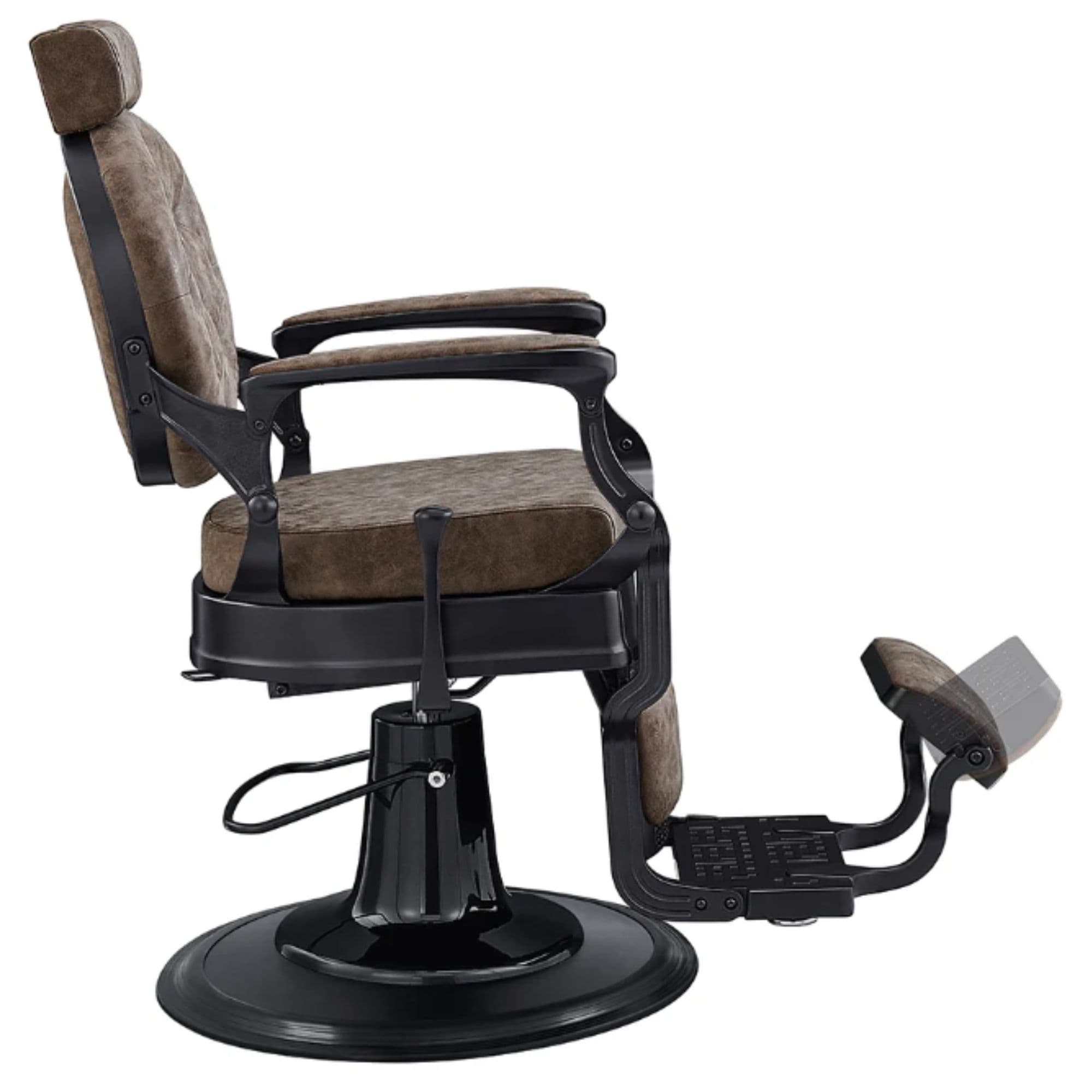 DIR Viking Classic Barber Chair Vintage Brown Variant Side View Demonstrating The Swing Range Of Foot Rest Extension On White Background