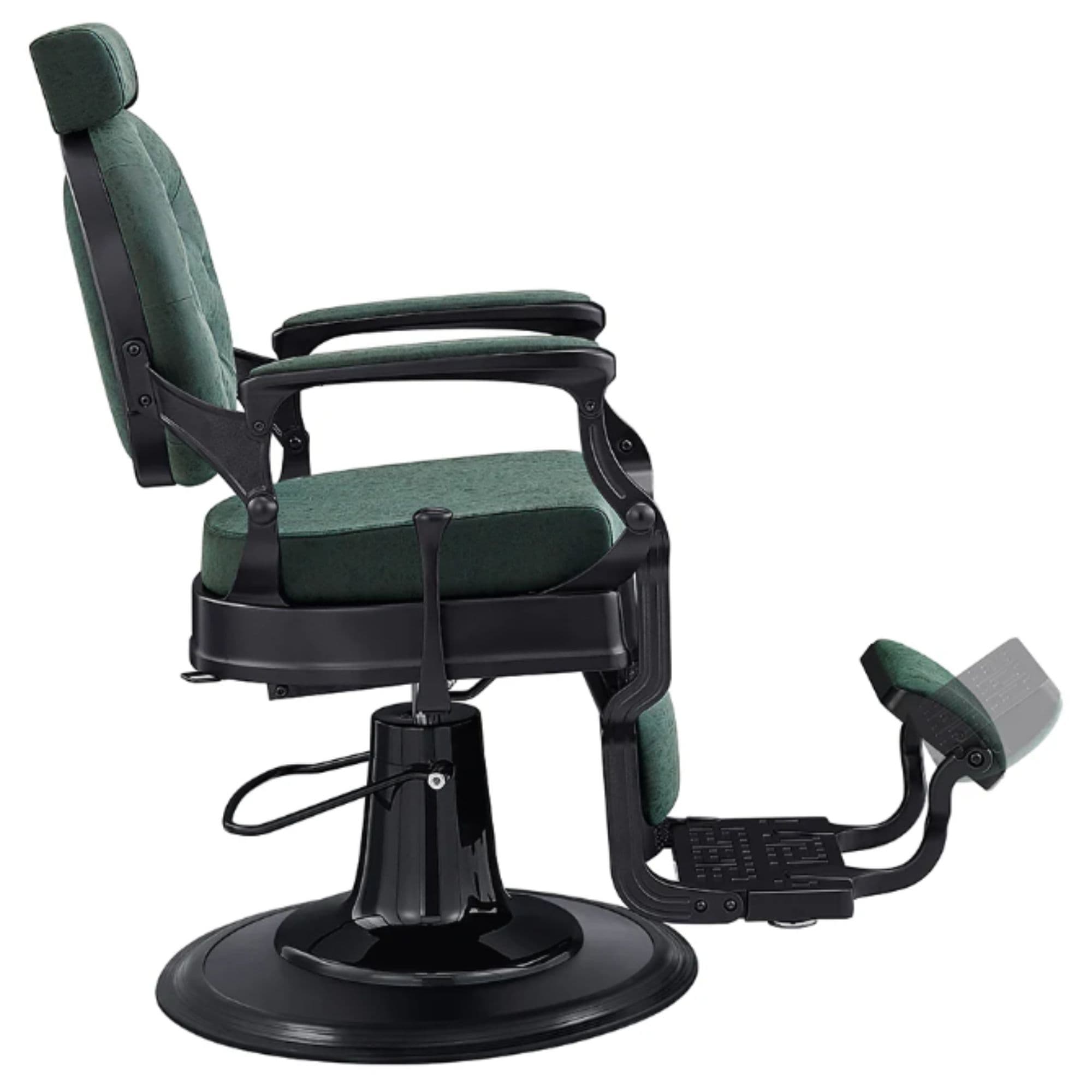 DIR Viking Classic Barber Chair Vintage Green Variant Side View Demonstrating The Swing Range Of Foot Rest Extension On White Background