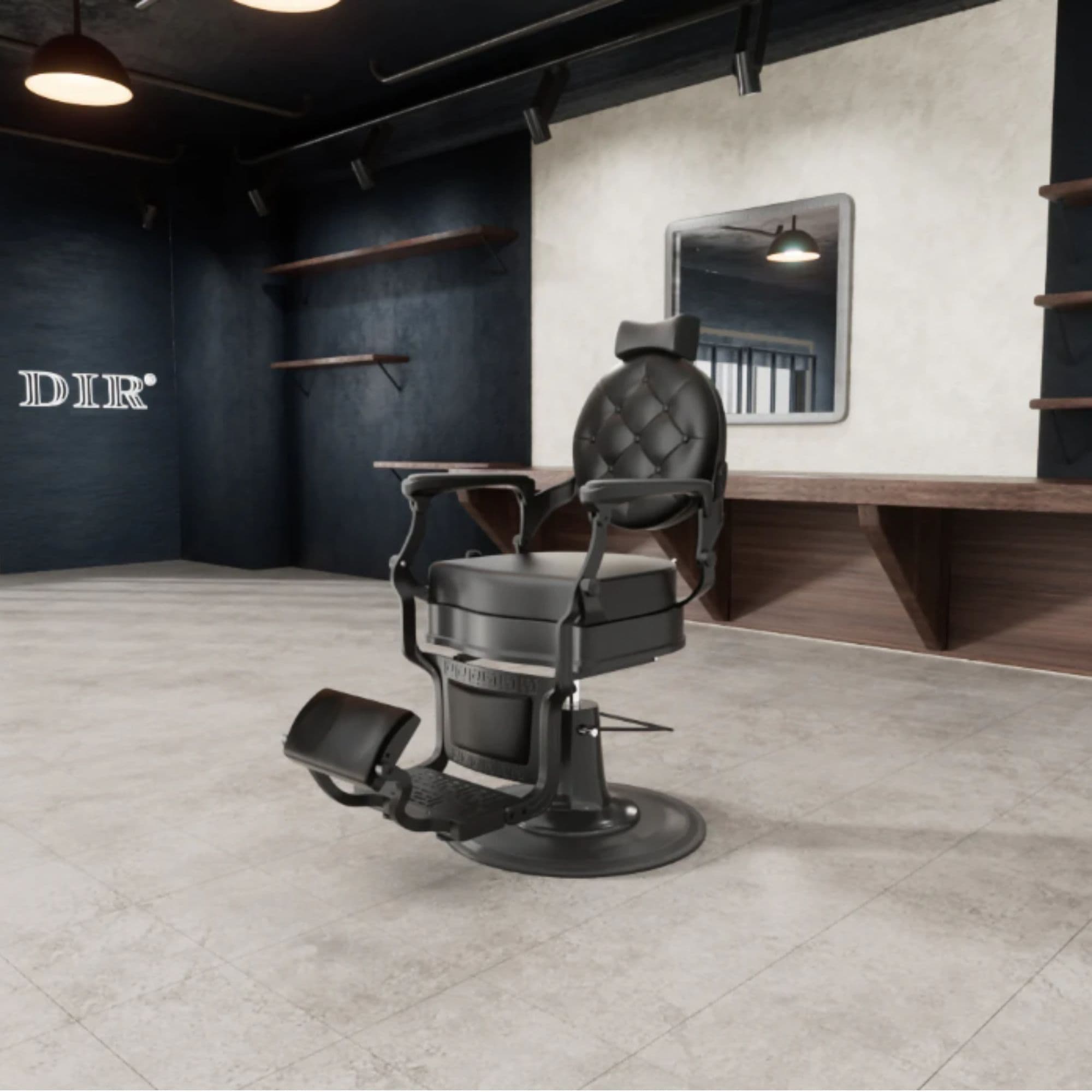 DIR Viking Traditional Barbershop Chair Black Variant Front Angled View With Mirror And Brand Name In The Background