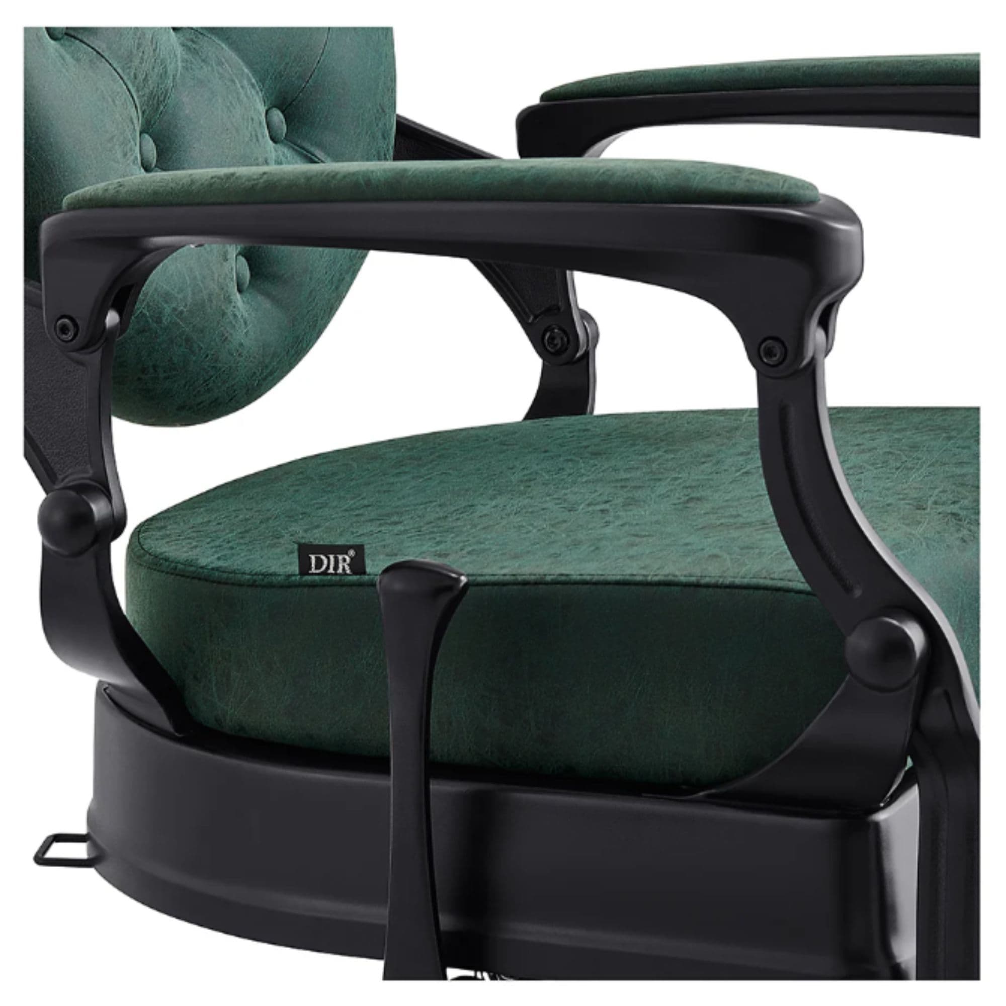 DIR Viking Traditional Barbershop Chair Close-Up View Of Decorative Armrest Support And Vintage Green Upholstered Seat