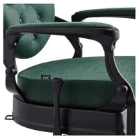 Thumbnail for DIR Viking Traditional Barbershop Chair Close-Up View Of Decorative Armrest Support And Vintage Green Upholstered Seat