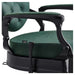 DIR Viking Traditional Barbershop Chair Close-Up View Of Decorative Armrest Support And Vintage Green Upholstered Seat