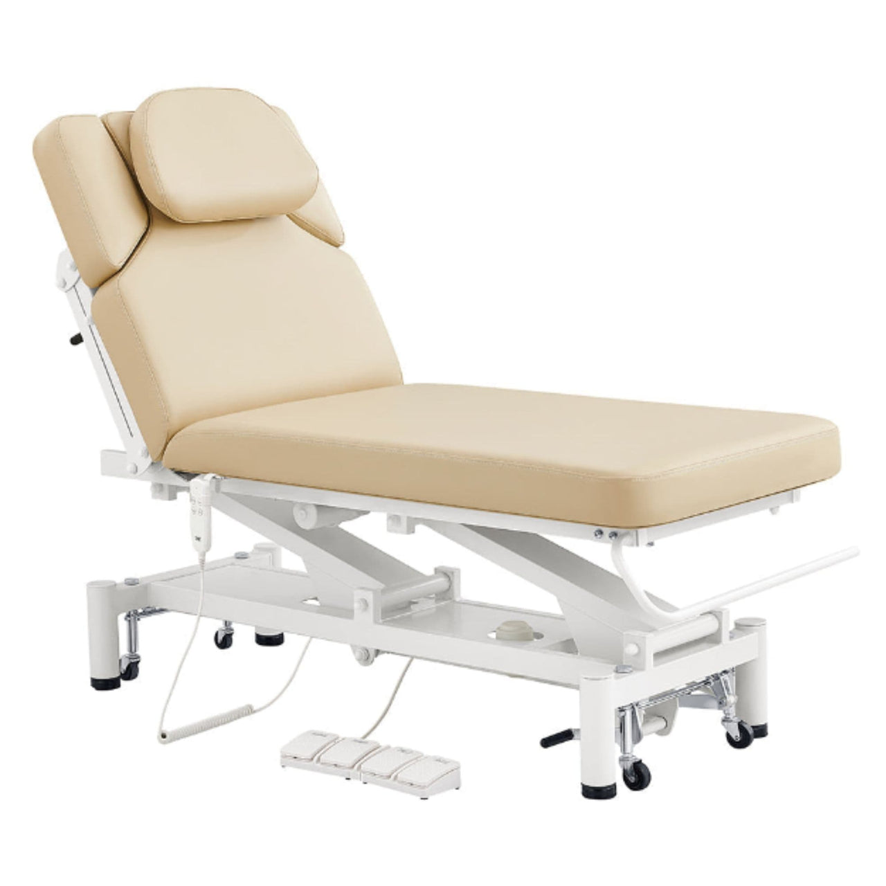DIR VitalEarth 2-Motors Treatment Table and Wellness Therapy Bed Beige Color Front Angled View With Face Cradle And Foot Controls On White Background