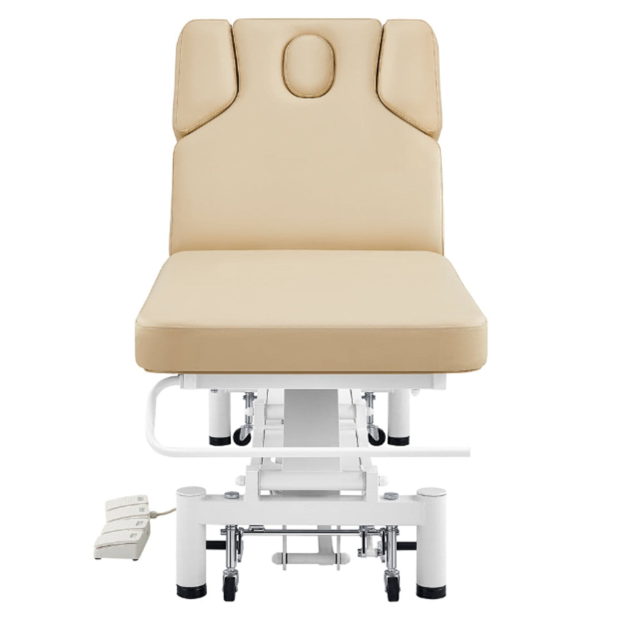DIR VitalEarth 2-Motors Treatment Table and Wellness Therapy Bed Beige Color Front View With Foot Controls On White Background