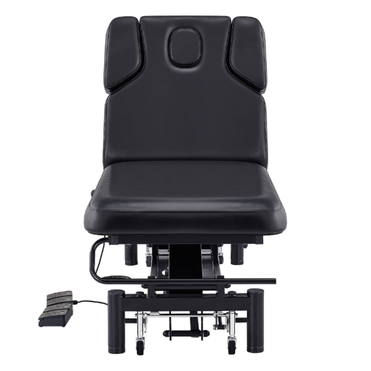 DIR VitalEarth 2-Motors Treatment Table and Wellness Therapy Bed Black Color Front Angled View With Foot Controls On White Background