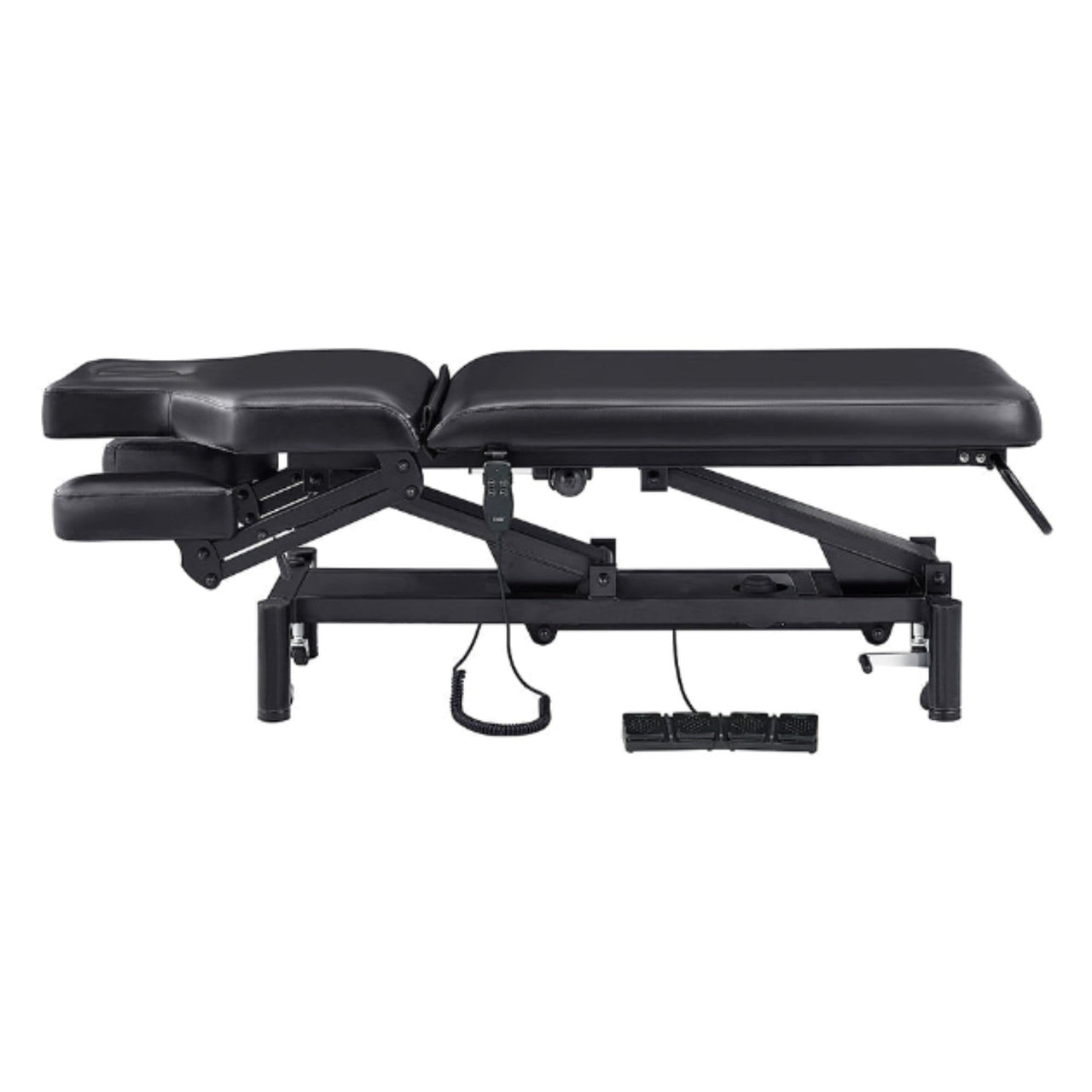 DIR VitalEarth 2-Motors Treatment Table and Wellness Therapy Bed Black Color Side View And Fully Reclined With Slightly Down Side Cushion Foot Control On White Background