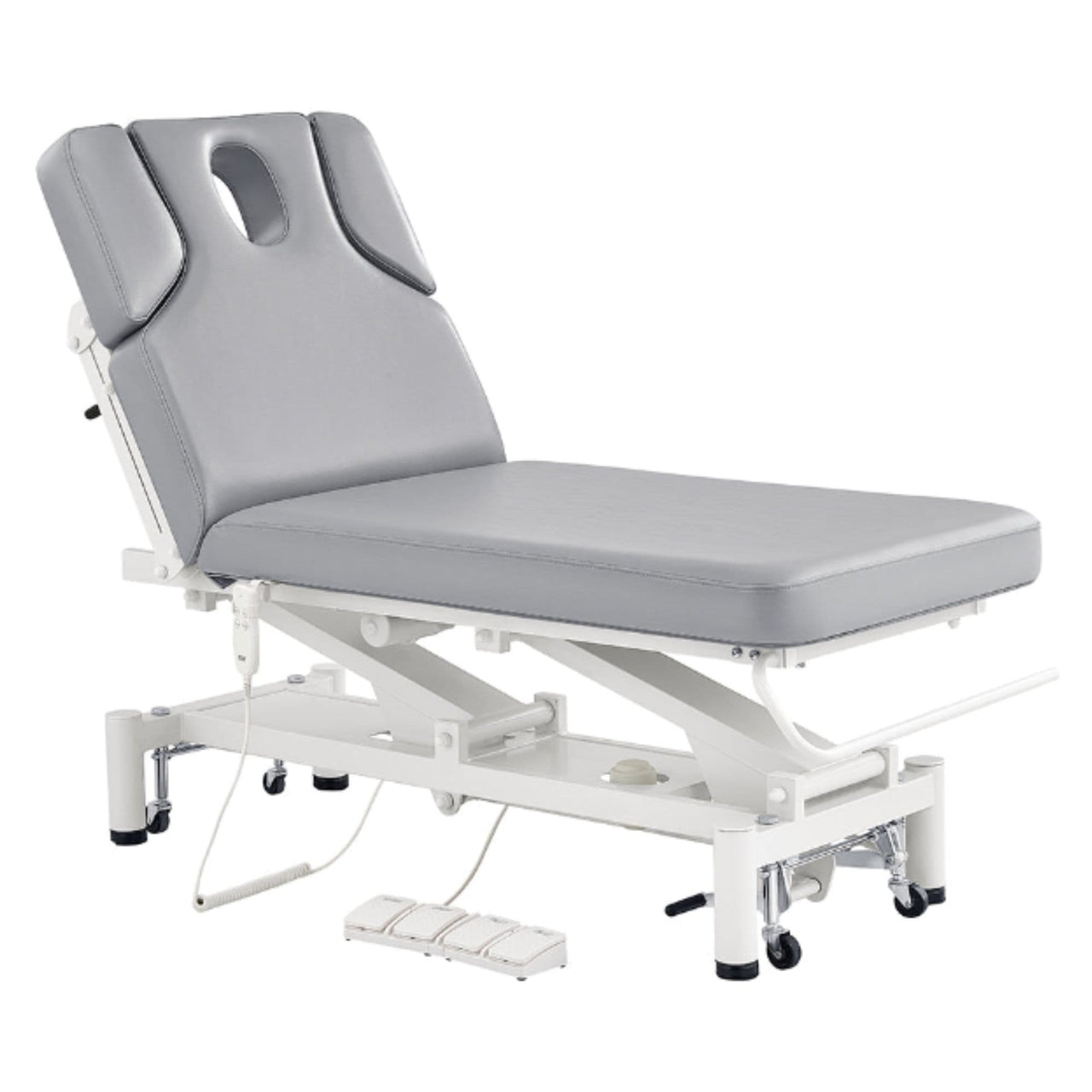 DIR VitalEarth 2-Motors Treatment Table and Wellness Therapy Bed Gray Color Front Angled View With Face Hole And Foot Controls On White Background