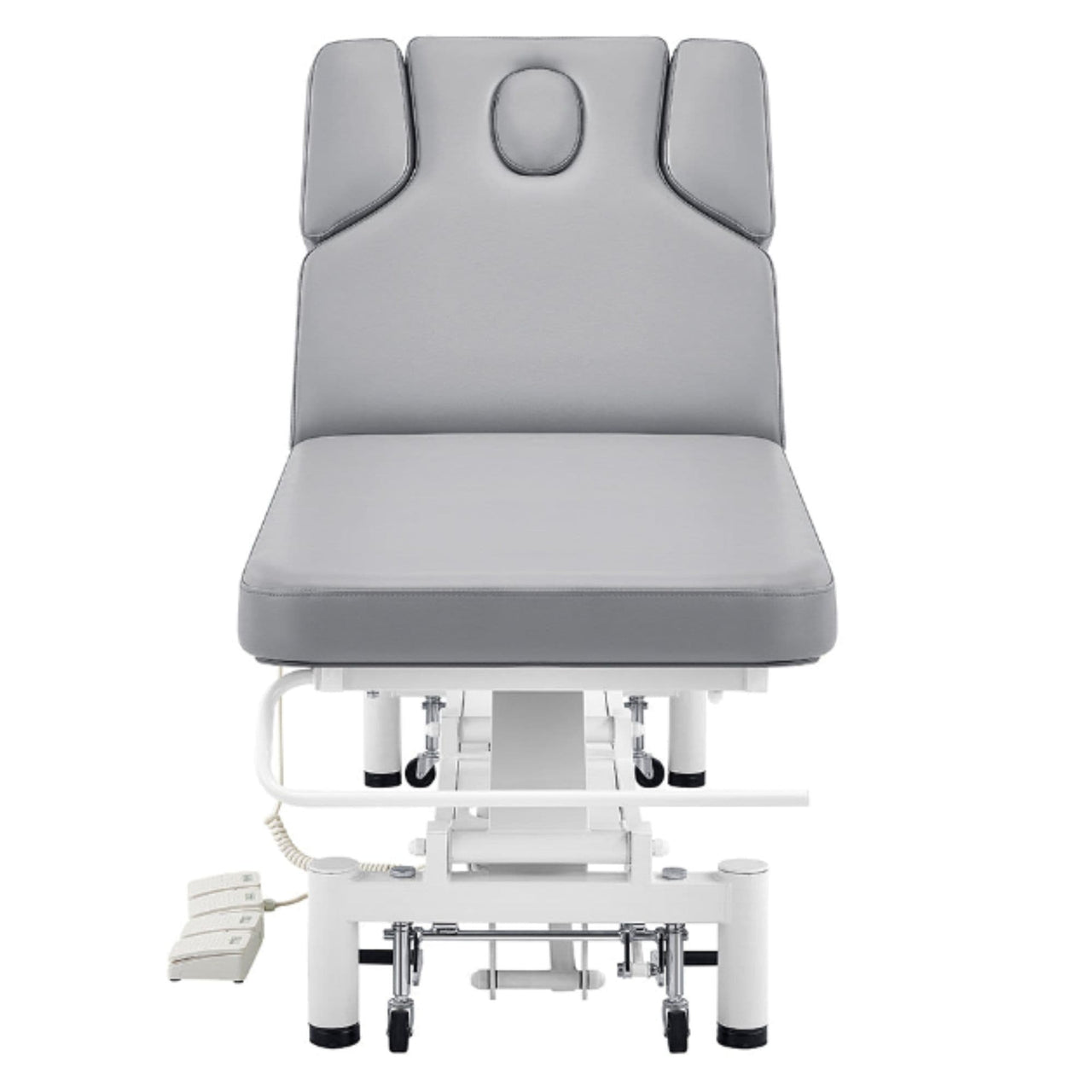 DIR VitalEarth 2-Motors Treatment Table and Wellness Therapy Bed Gray Color Front Angled View With Foot Controls On White Background