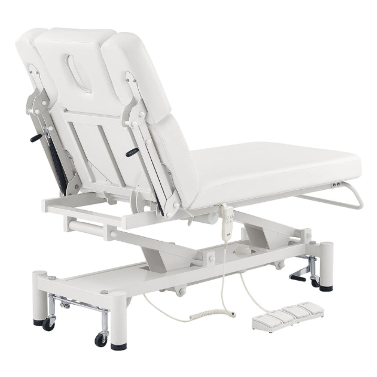 DIR VitalEarth 2-Motors Treatment Table and Wellness Therapy Bed White Angled Rear View With Foot Control On White Background