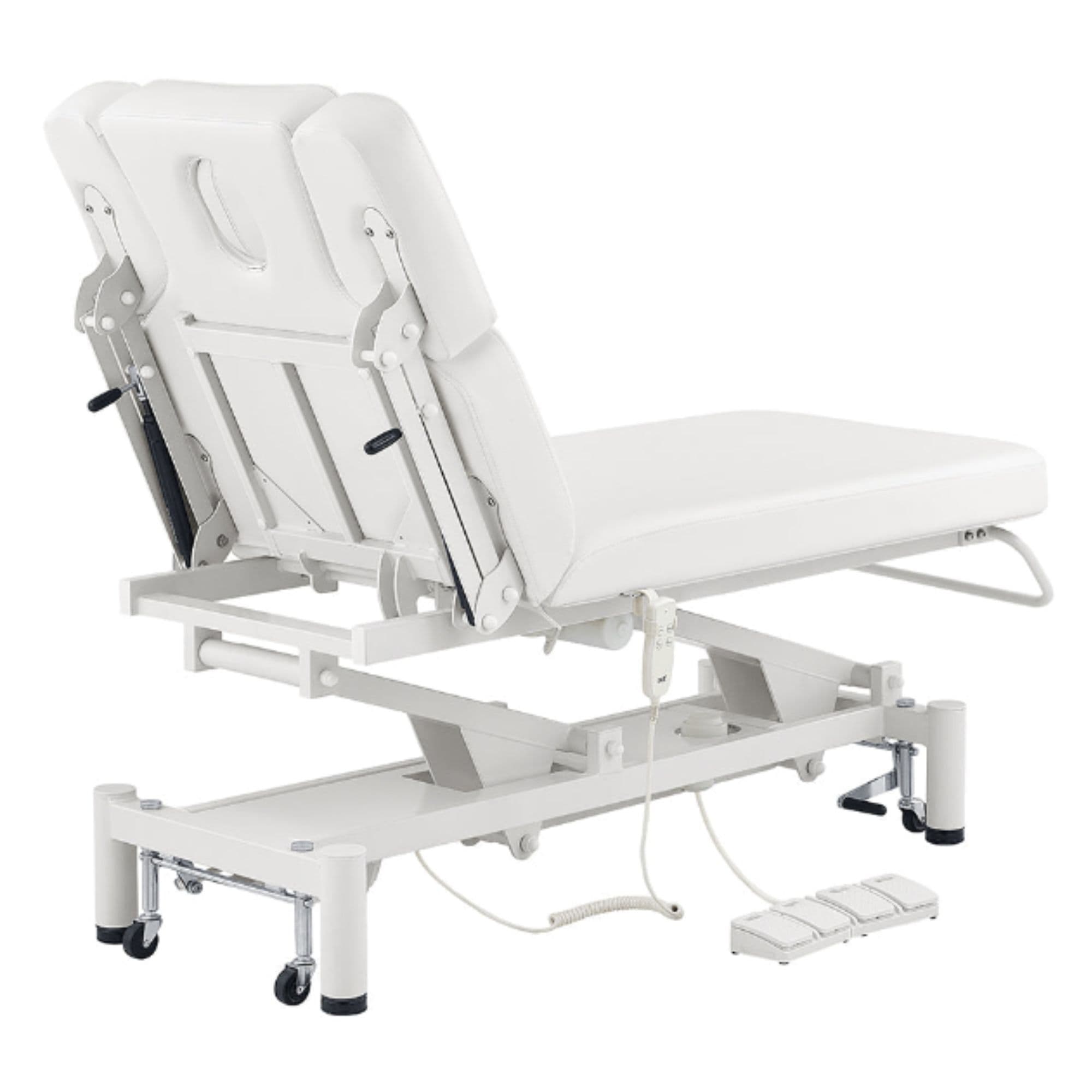DIR VitalEarth 2-Motors Treatment Table and Wellness Therapy Bed White Angled Rear View With Foot Control On White Background