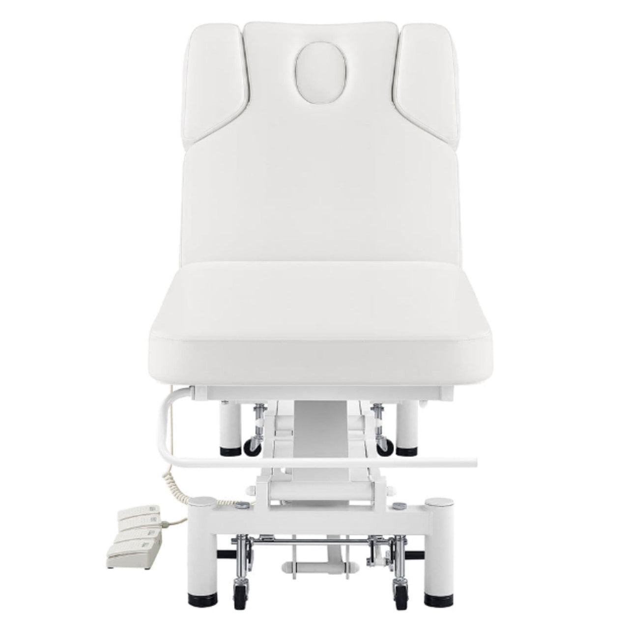 DIR VitalEarth 2-Motors Treatment Table and Wellness Therapy Bed White Color Front Angled View With Foot Controls On White Background