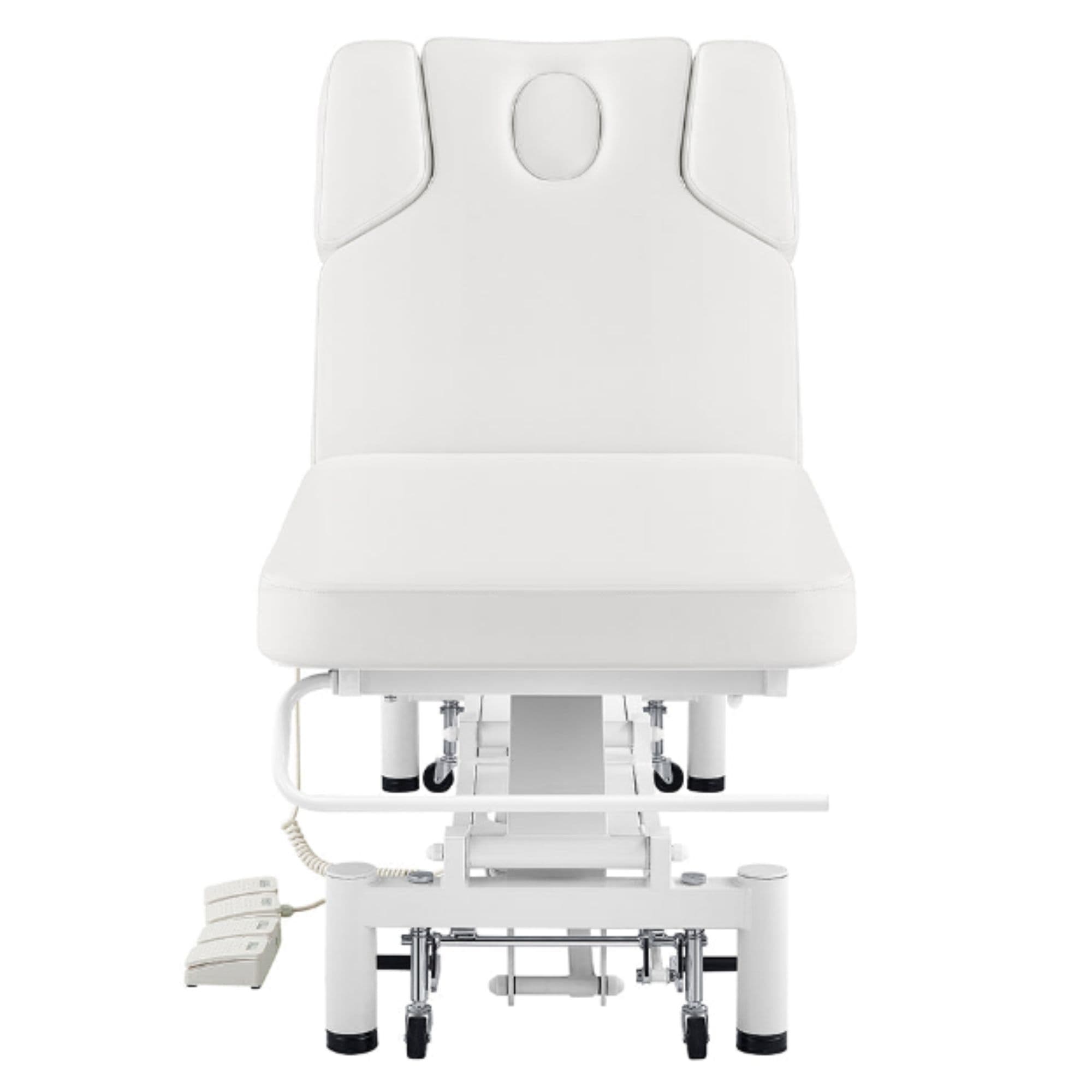 DIR VitalEarth 2-Motors Treatment Table and Wellness Therapy Bed White Color Front Angled View With Foot Controls On White Background