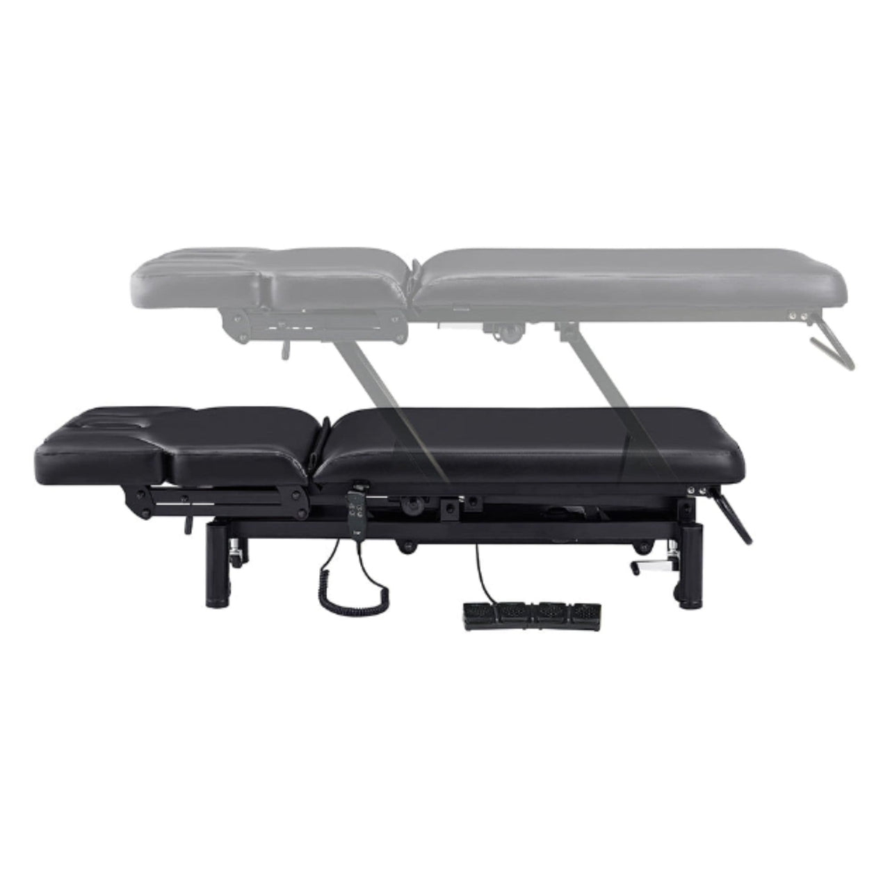 DIR VitalEarth 2-Motors Treatment and Wellness Bed Black Color Side View And Fully Reclined Showing An Up And Down Adjustment With Foot Controls On White Background