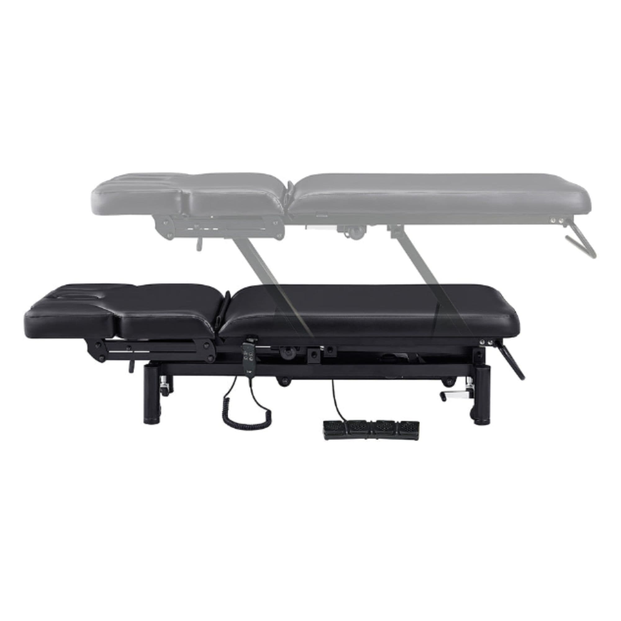 DIR VitalEarth 2-Motors Treatment and Wellness Bed Black Color Side View And Fully Reclined Showing An Up And Down Adjustment With Foot Controls On White Background