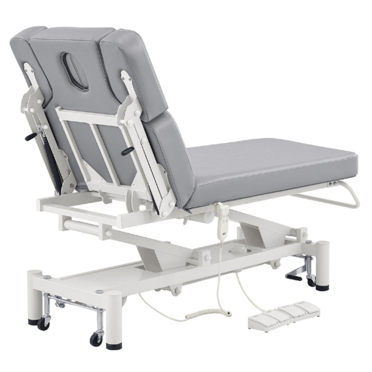 DIR VitalEarth Dual-Motor Therapy Treatment Table Gray Angled Rear View With Foot Control On White Background