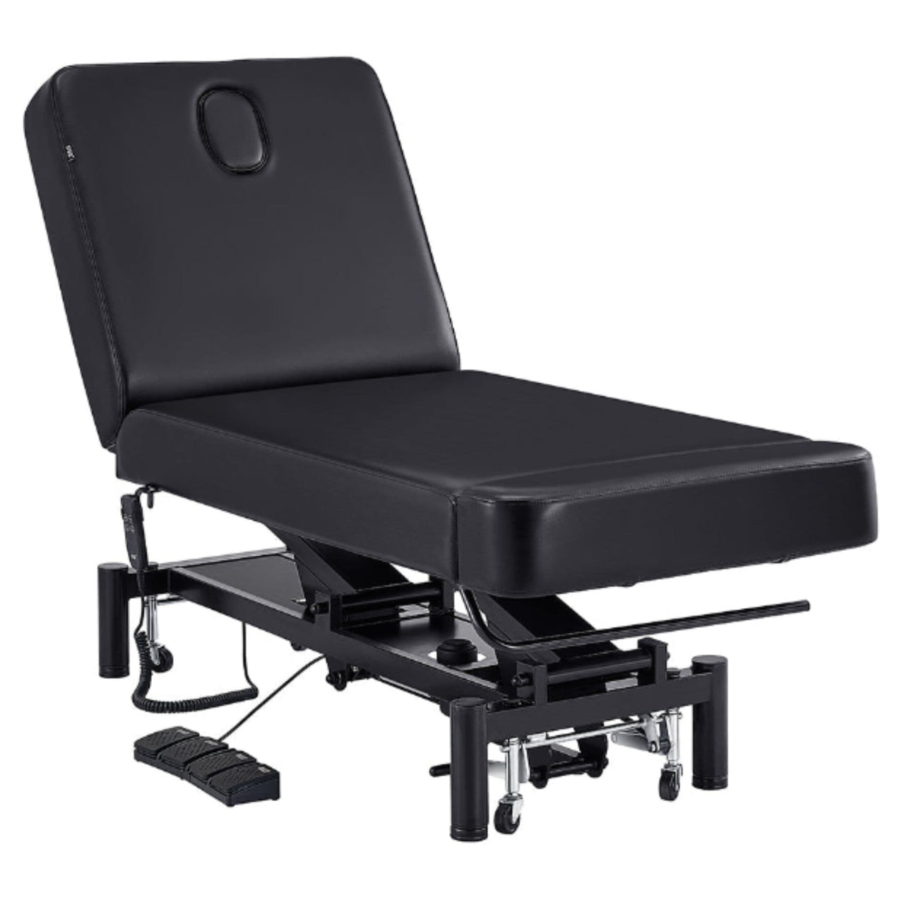 DIR WellRelax 2-Motors Therapy Treatment Table Black Front Angled View With Foot Control On White Background