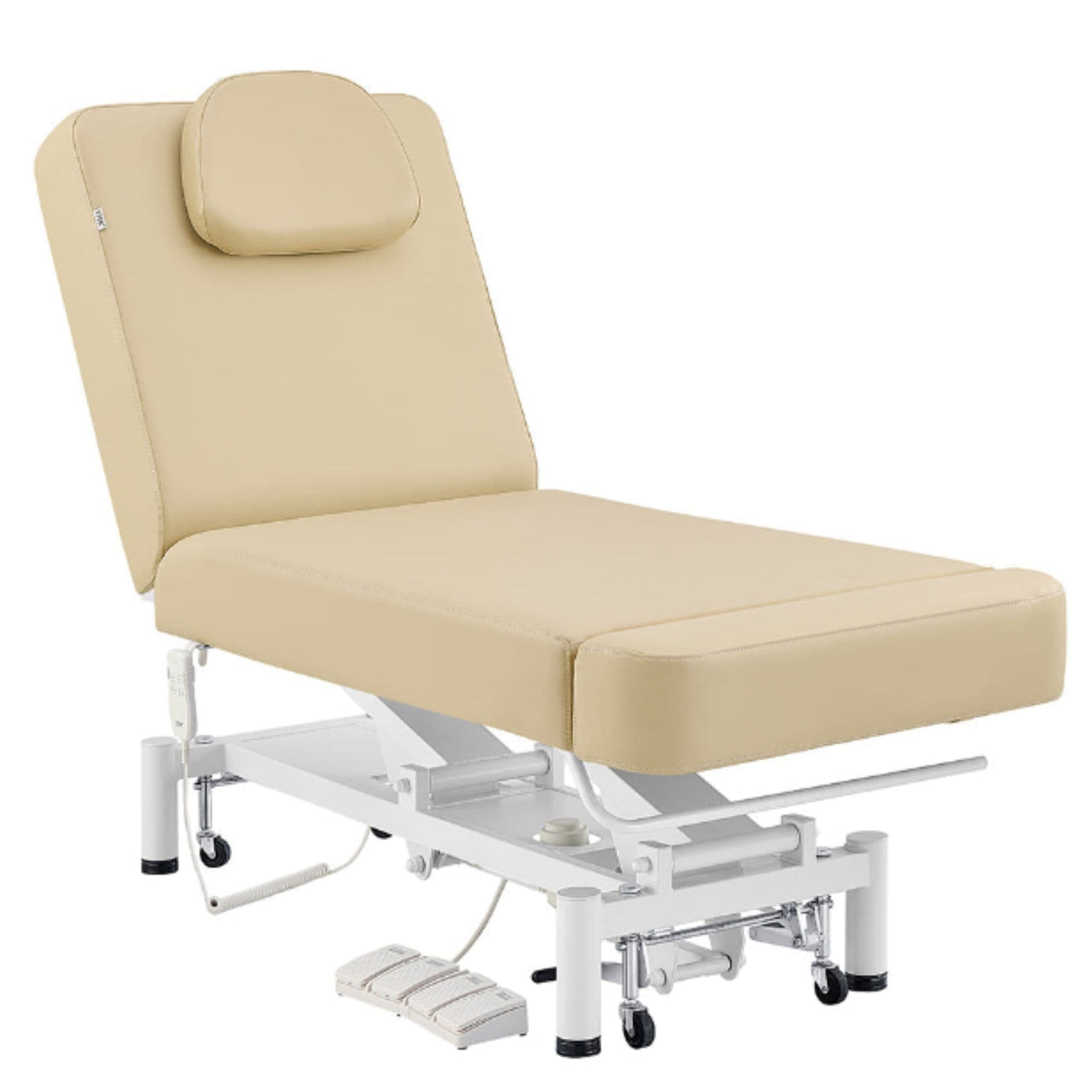 DIR WellRelax 2-Motors Therapy Treatment Table with Tilting Cradle Pillow Beige Front Angled View With Cradle And Foot Control On White Background