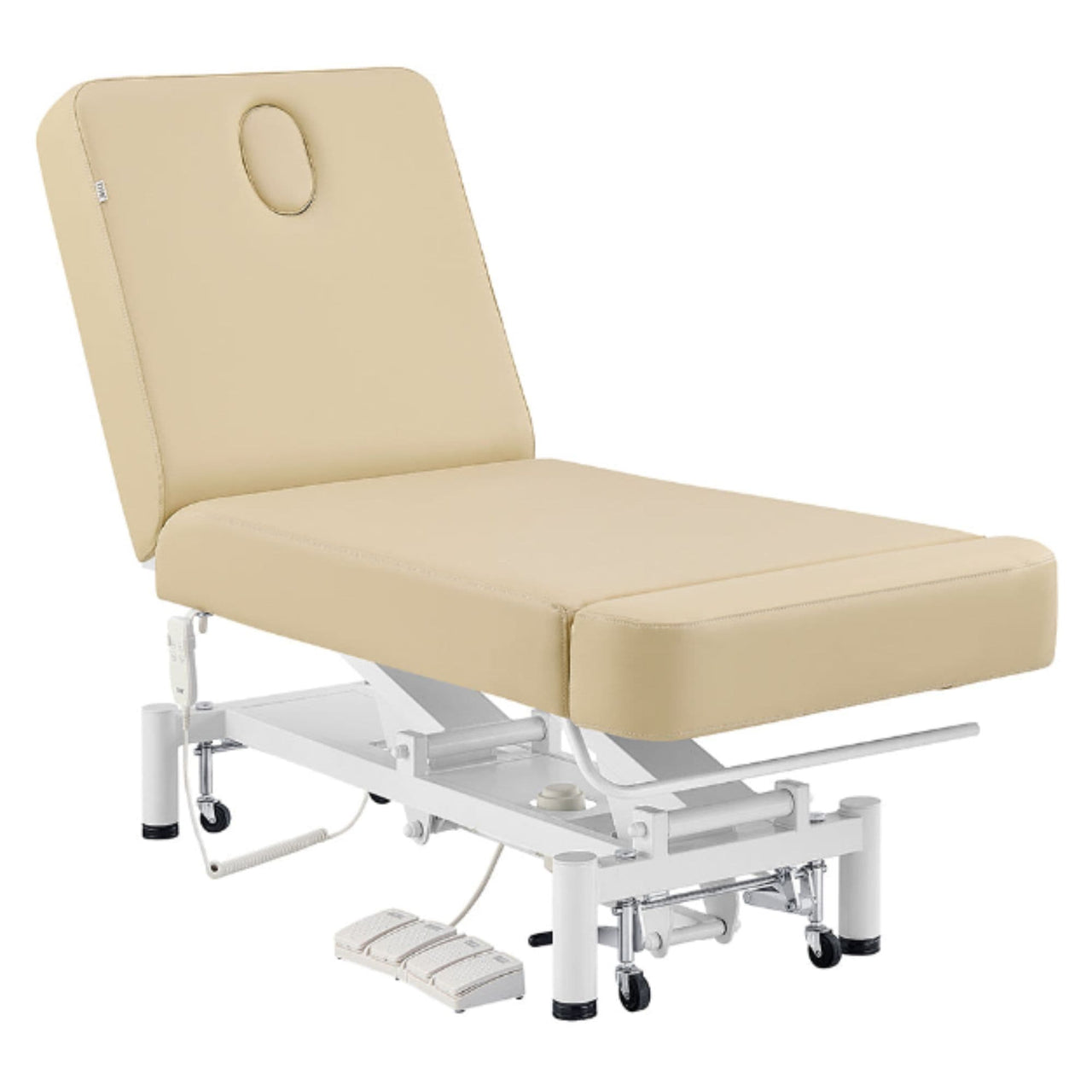 DIR WellRelax 2-Motors Therapy Treatment Table with Tilting Cradle Pillow Beige Front Angled View With Foot Control On White Background