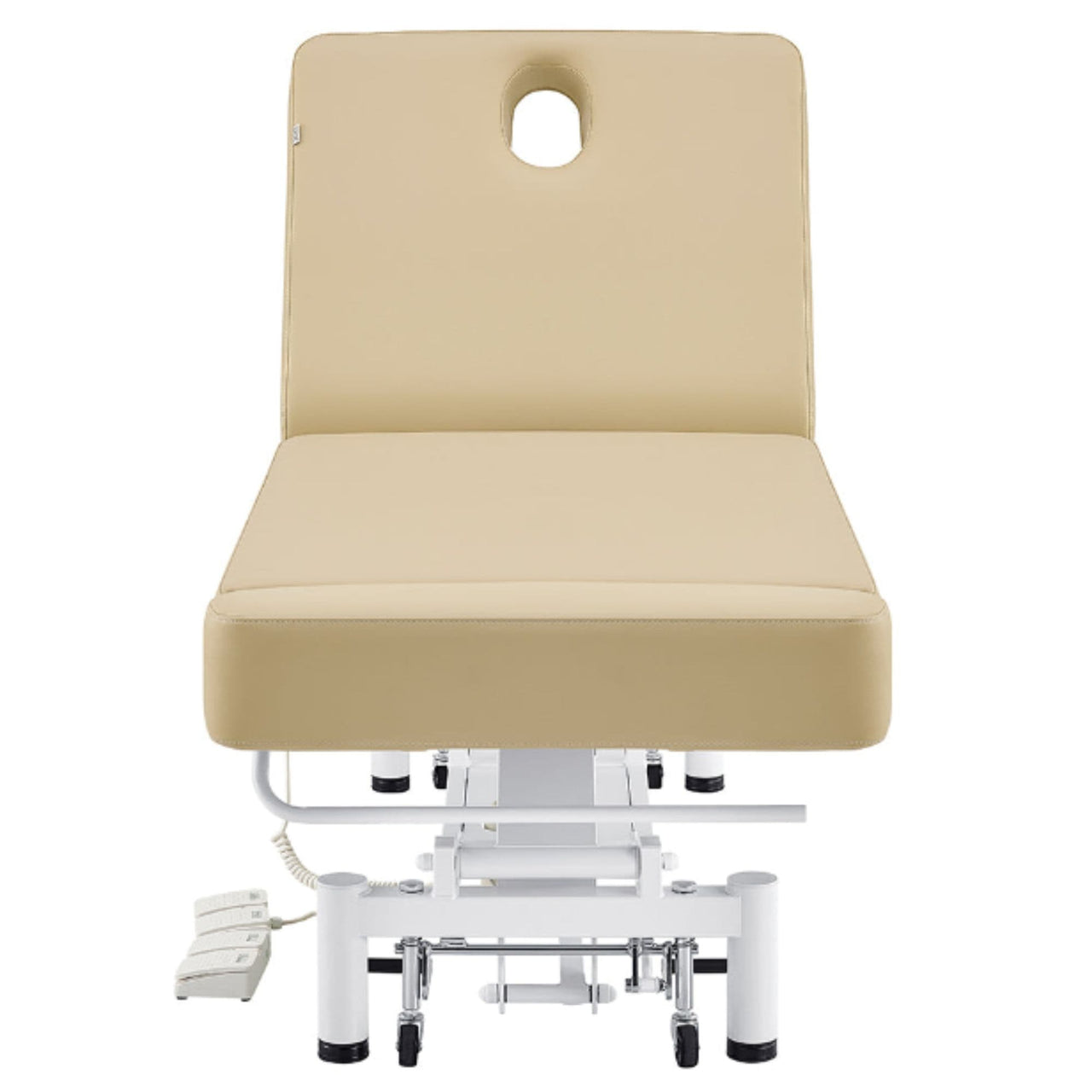 DIR WellRelax 2-Motors Therapy Treatment Table with Tilting Cradle Pillow Beige Front View With Foot Control And Face Hole On White Background