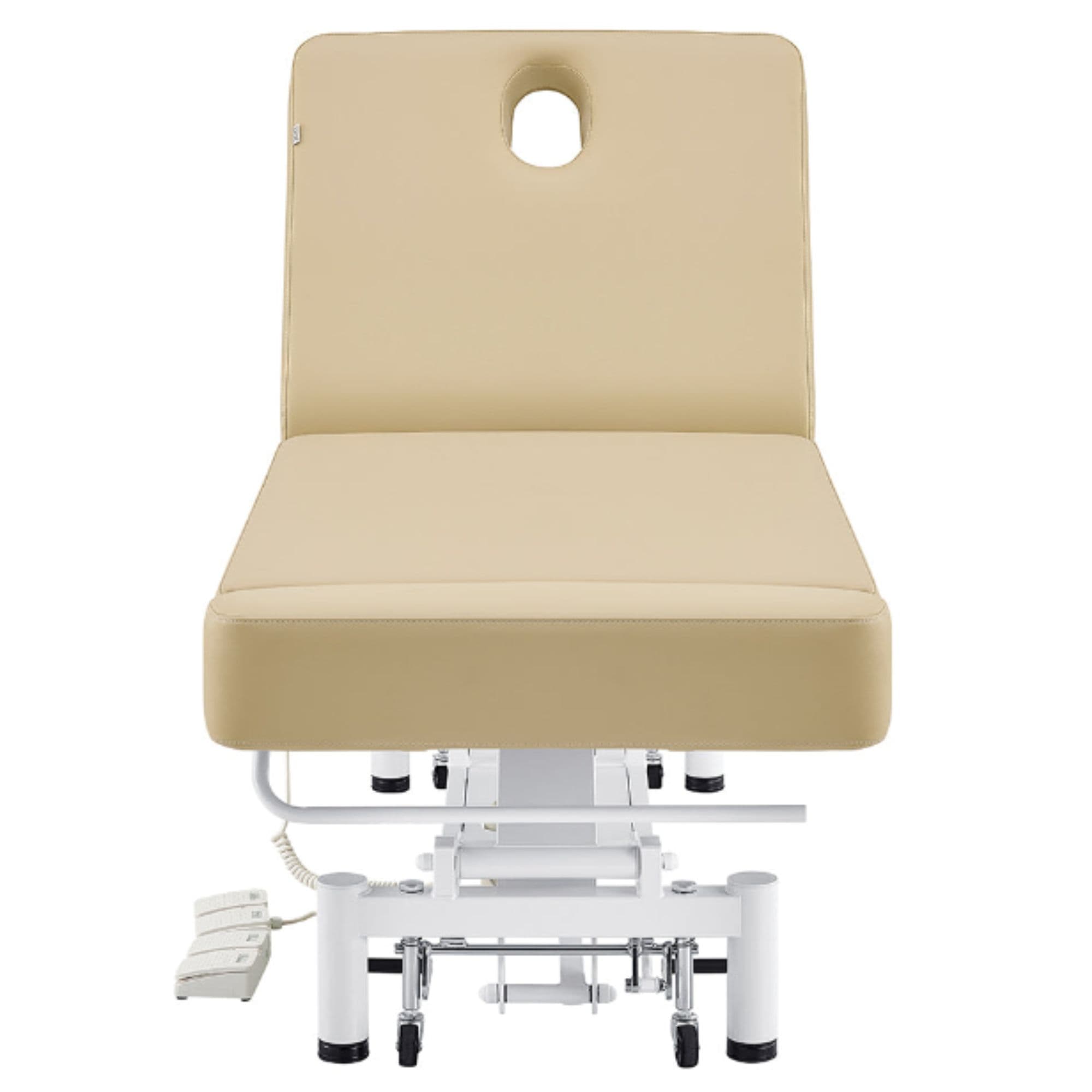 DIR WellRelax 2-Motors Therapy Treatment Table with Tilting Cradle Pillow Beige Front View With Foot Control And Face Hole On White Background