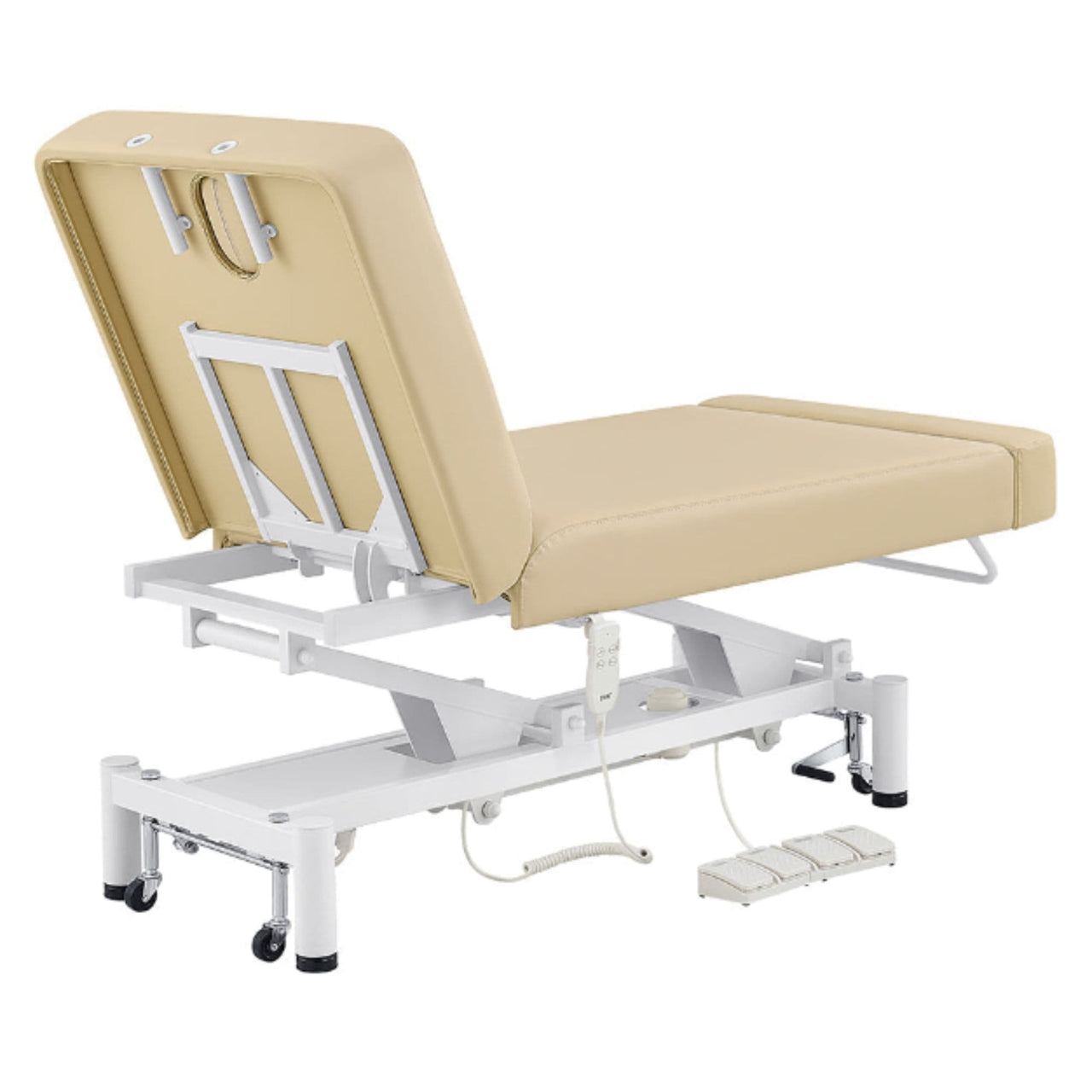 DIR WellRelax 2-Motors Therapy Treatment Table with Tilting Cradle Pillow Beige Rear View With Foot Control On White Background