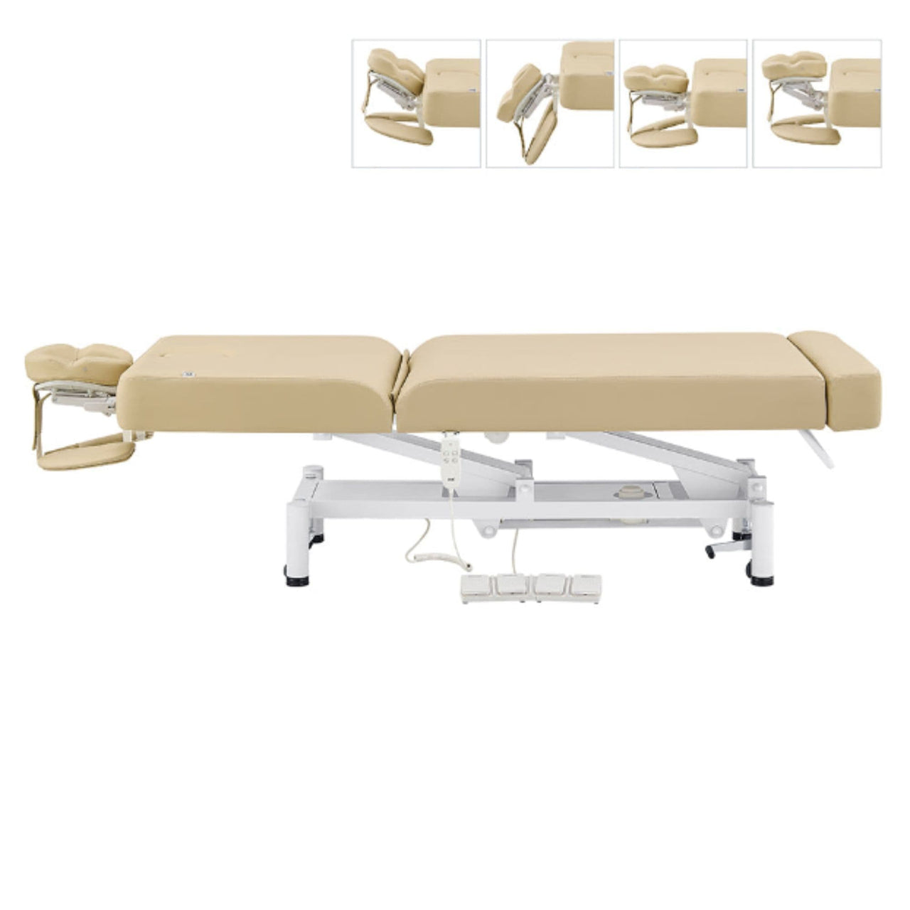 DIR WellRelax 2-Motors Therapy Treatment Table with Tilting Cradle Pillow Beige Side View Of Fully Reclined With Adjustable Face Cradle On White Background