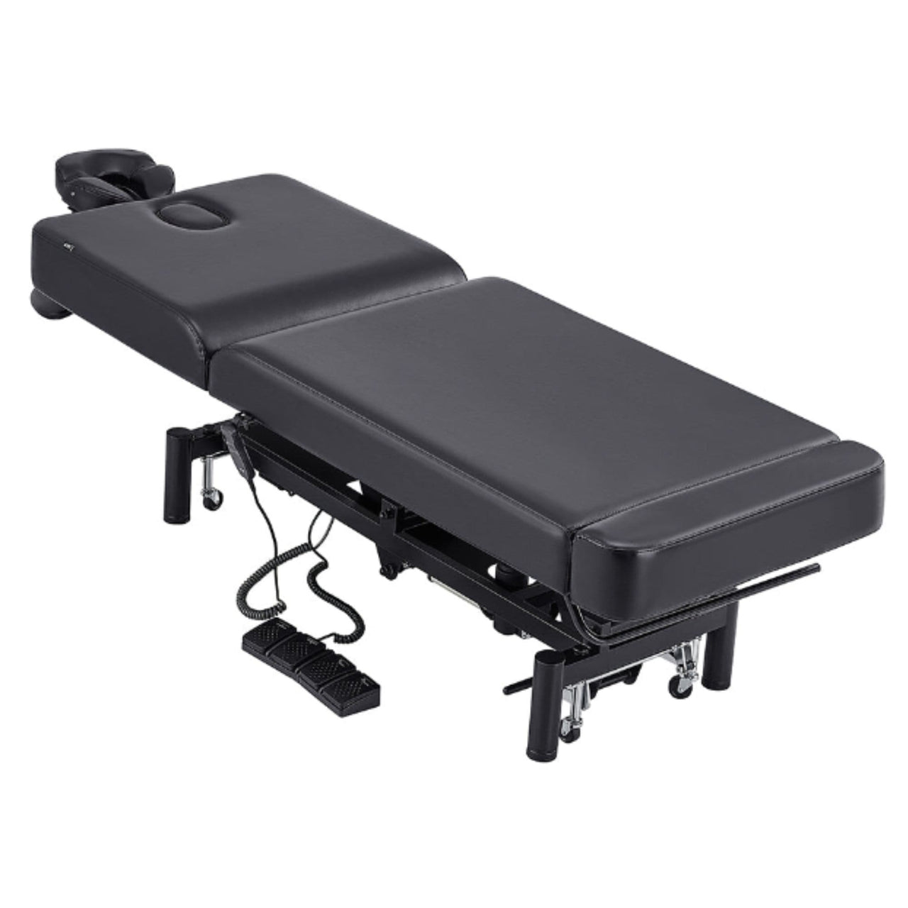 DIR WellRelax 2-Motors Therapy Treatment Table with Tilting Cradle Pillow Black Color Angled Top View Fully Reclined With Cradle And Foot Control On White Background