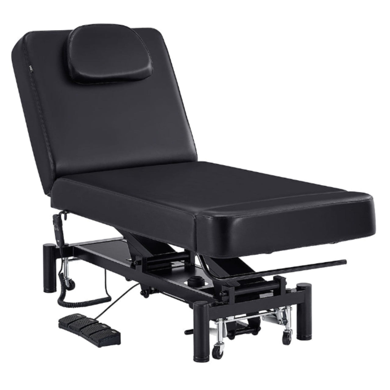 DIR WellRelax 2-Motors Therapy Treatment Table with Tilting Cradle Pillow Black Front Angled View With Cradle And Foot Control On White Background