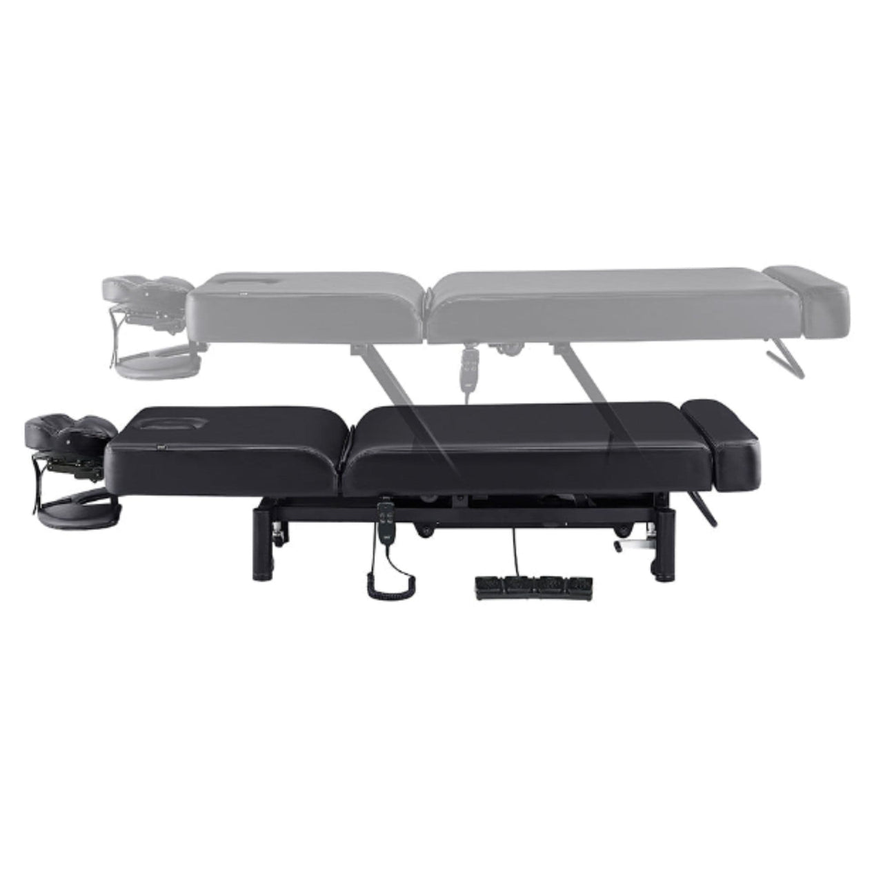 DIR WellRelax 2-Motors Therapy Treatment Table with Tilting Cradle Pillow Black Side View Of Fully Reclined Showing Adjustable Height On White Background