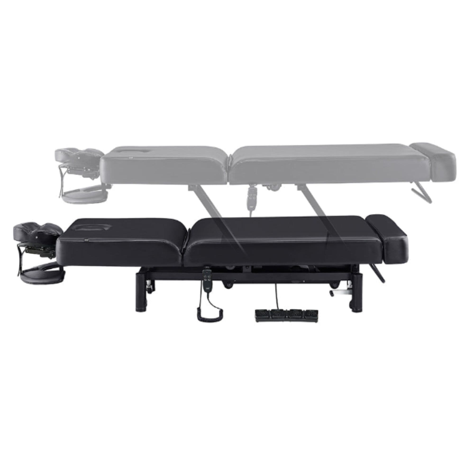 DIR WellRelax 2-Motors Therapy Treatment Table with Tilting Cradle Pillow Black Side View Of Fully Reclined Showing Adjustable Height On White Background