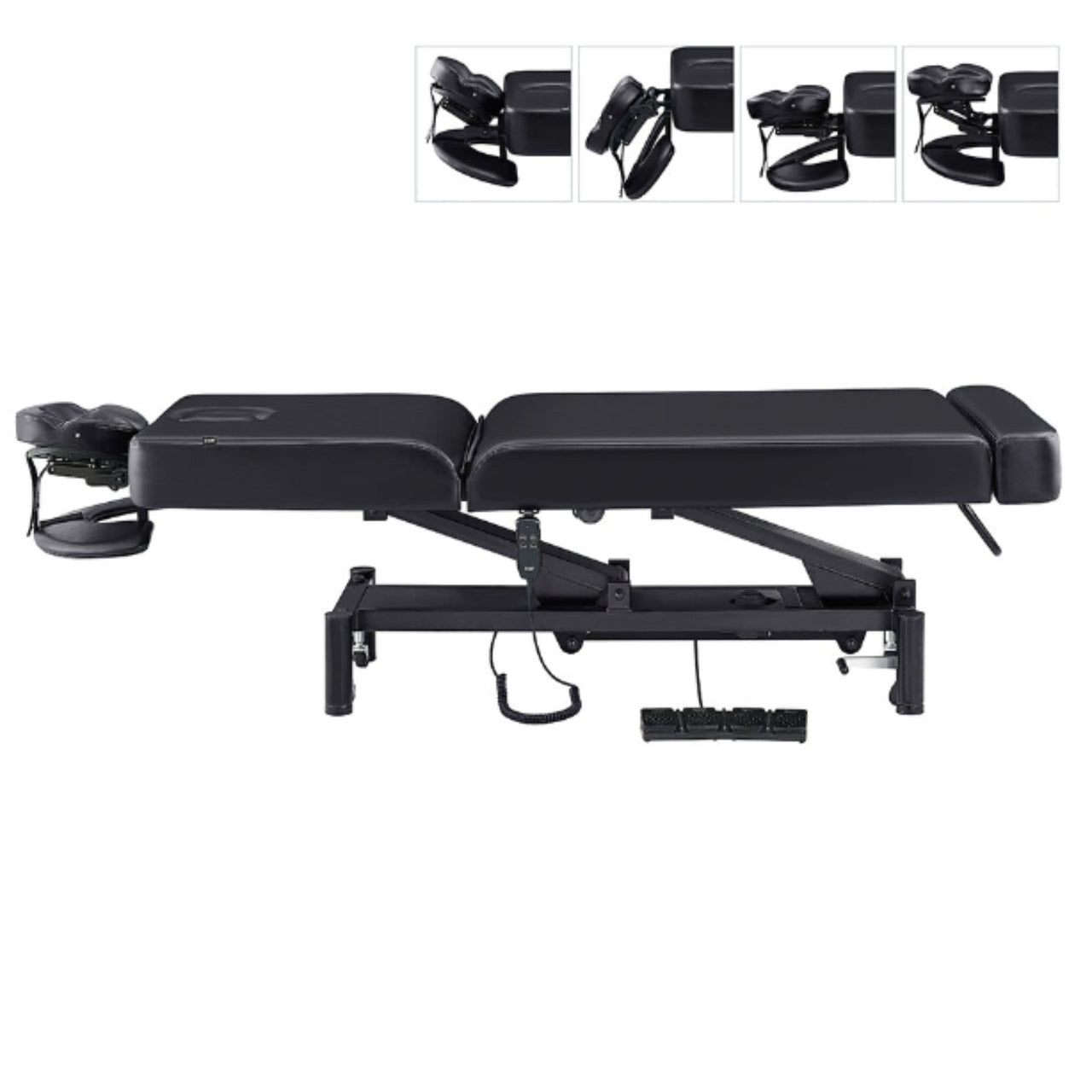 DIR WellRelax 2-Motors Therapy Treatment Table with Tilting Cradle Pillow Black Side View Of Fully Reclined With Adjustable Face Cradle On White Background