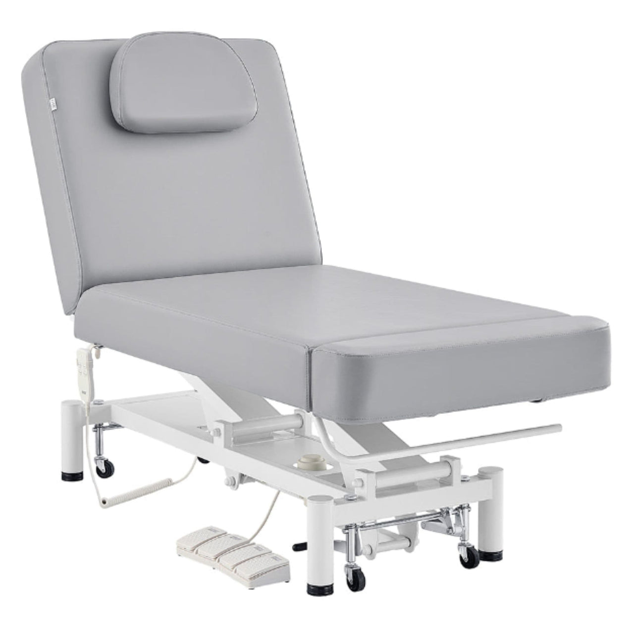 DIR WellRelax 2-Motors Therapy Treatment Table with Tilting Cradle Pillow Gray Front Angled View With Cradle And Foot Control On White Background