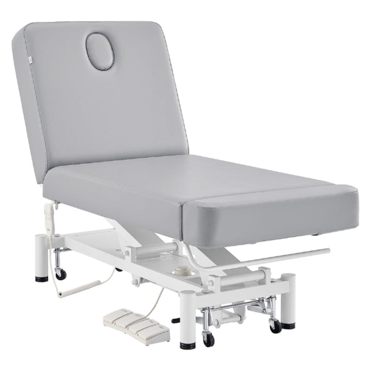 DIR WellRelax 2-Motors Therapy Treatment Table with Tilting Cradle Pillow Gray Front Angled View With Foot Control On White Background