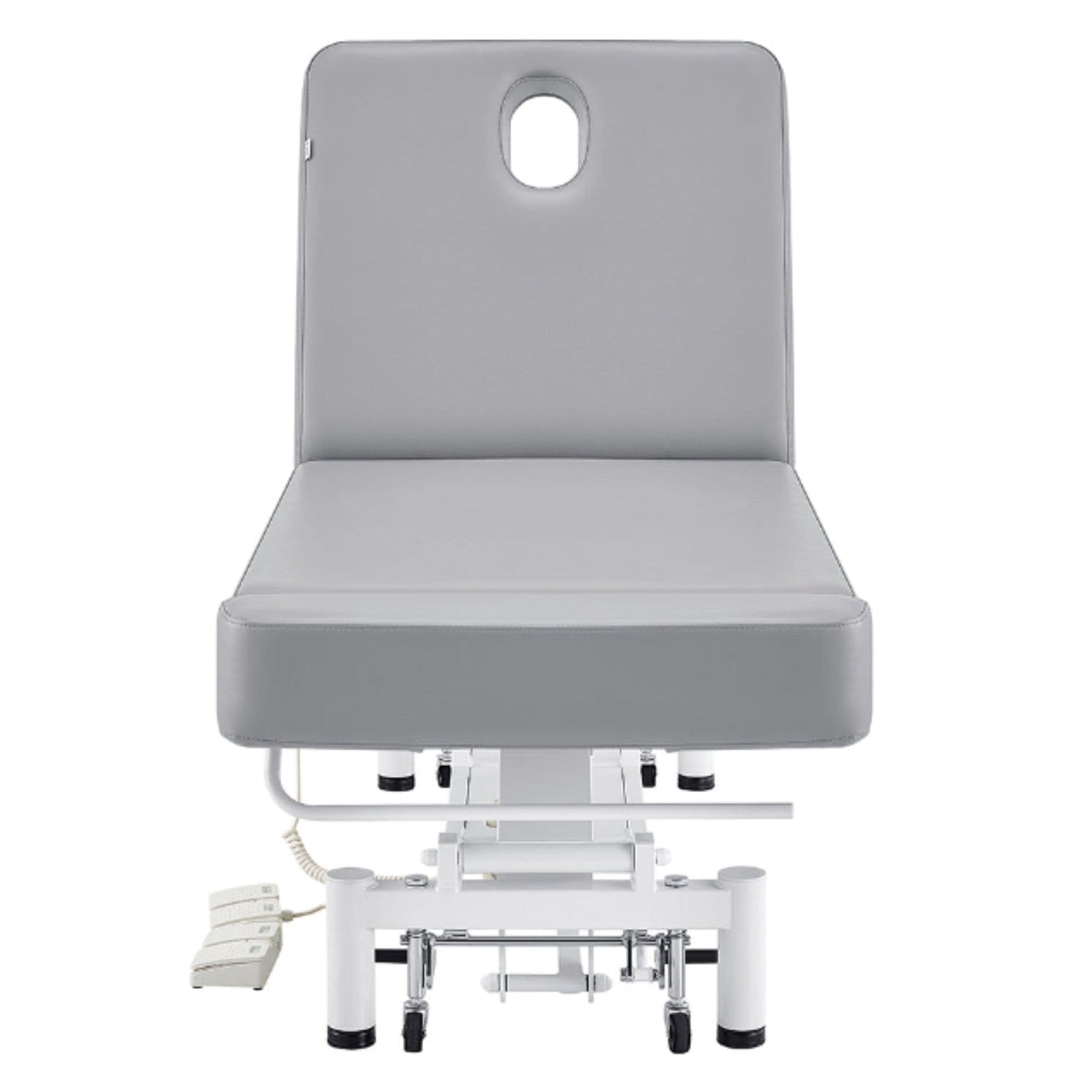 DIR WellRelax 2-Motors Therapy Treatment Table with Tilting Cradle Pillow Gray Front View With Foot Control On White Background