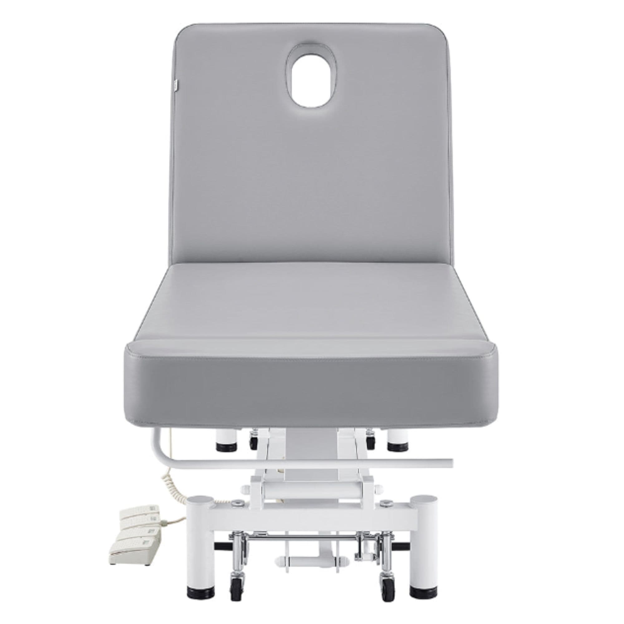 DIR WellRelax 2-Motors Therapy Treatment Table with Tilting Cradle Pillow Gray Front View With Foot Control On White Background