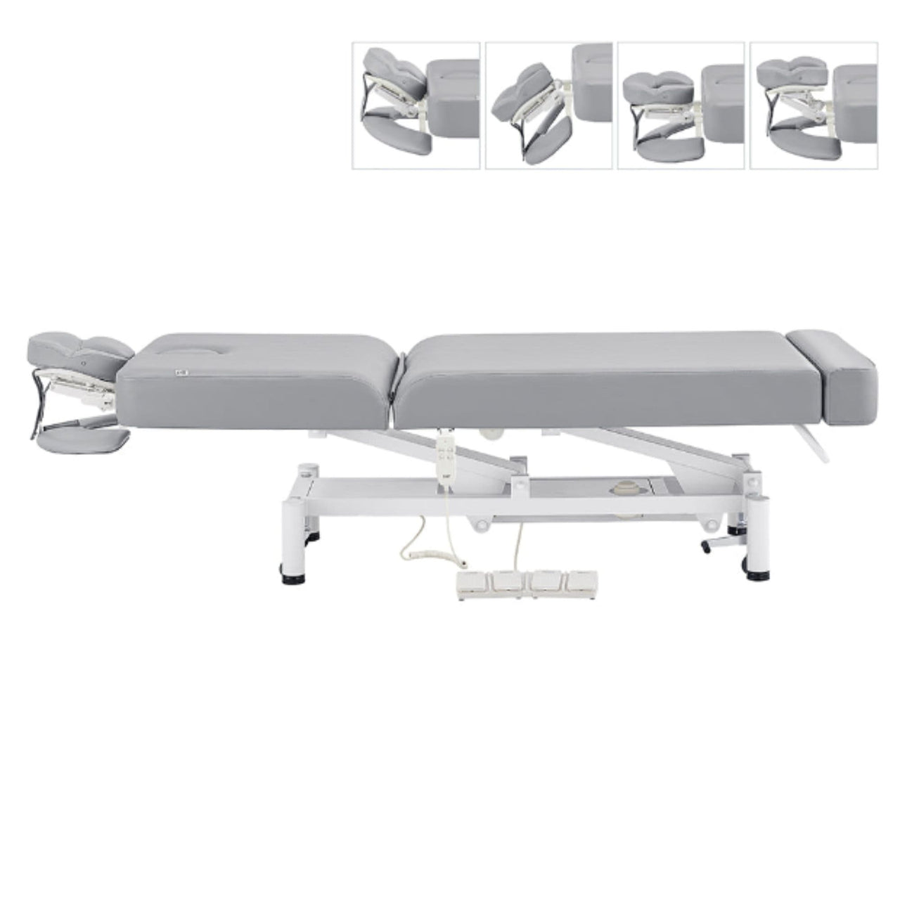 DIR WellRelax 2-Motors Therapy Treatment Table with Tilting Cradle Pillow Gray Side View Of Fully Reclined With Adjustable Face Cradle On White Background