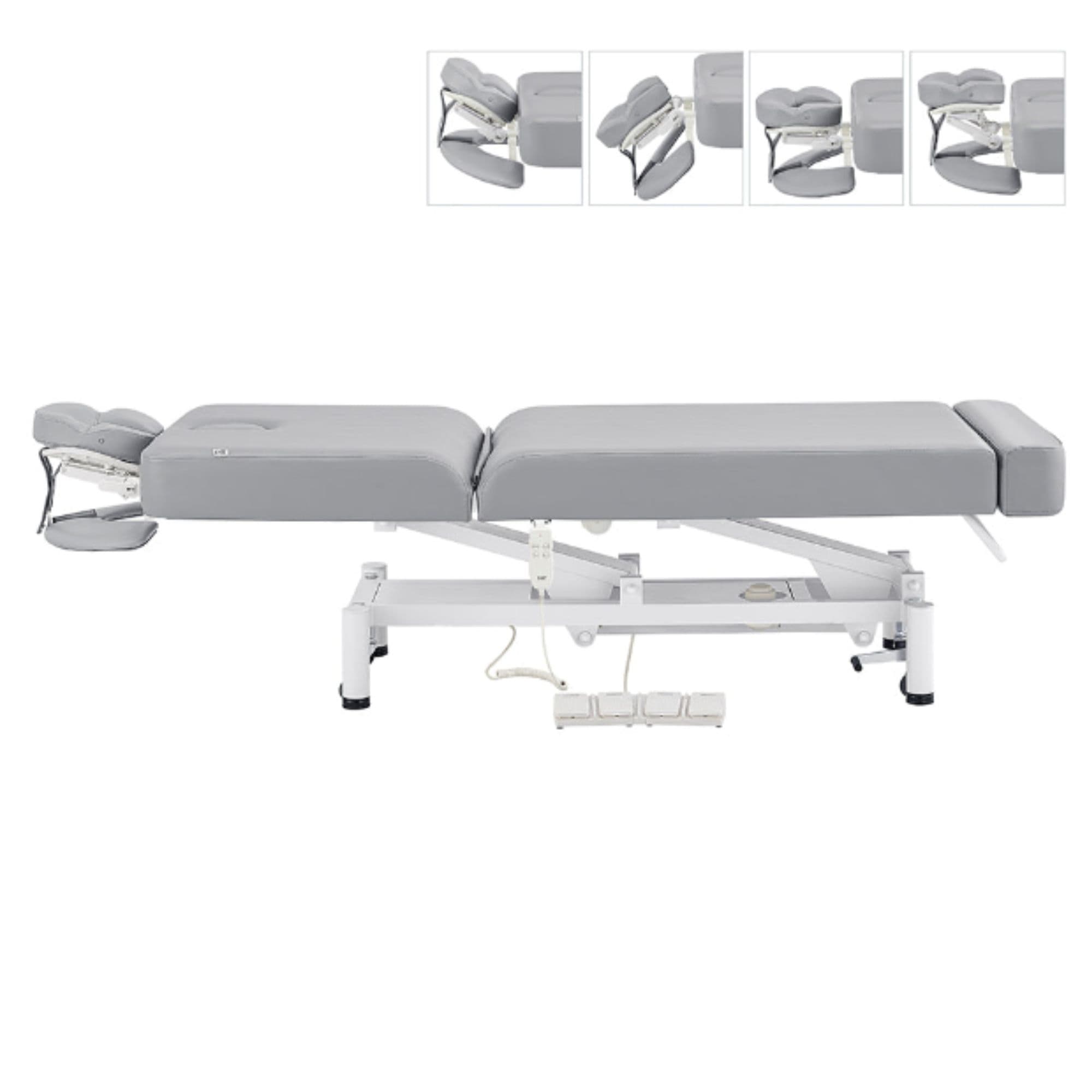 DIR WellRelax 2-Motors Therapy Treatment Table with Tilting Cradle Pillow Gray Side View Of Fully Reclined With Adjustable Face Cradle On White Background