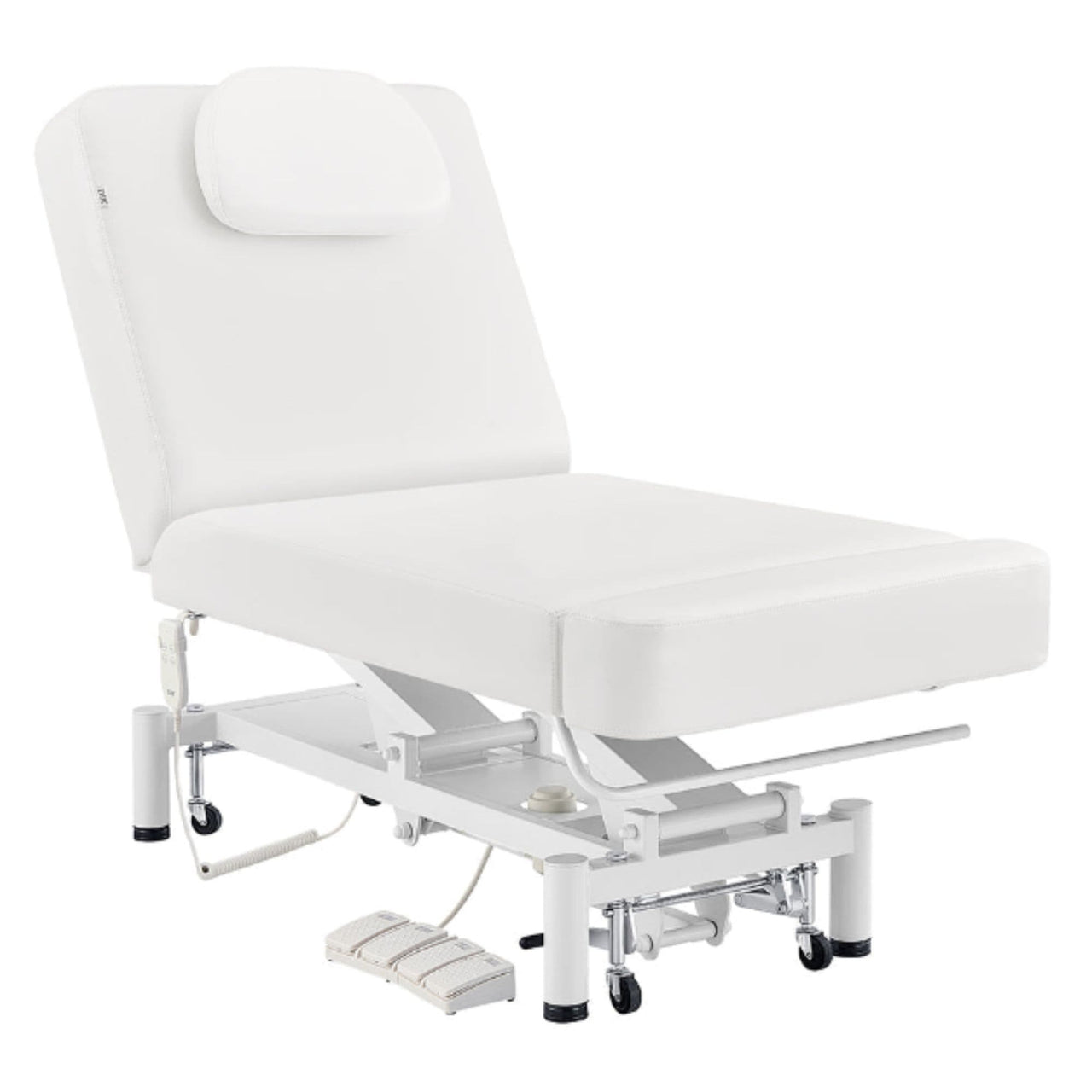 DIR WellRelax 2-Motors Therapy Treatment Table with Tilting Cradle Pillow White Front Angled View With Cradle And Foot Control On White Background