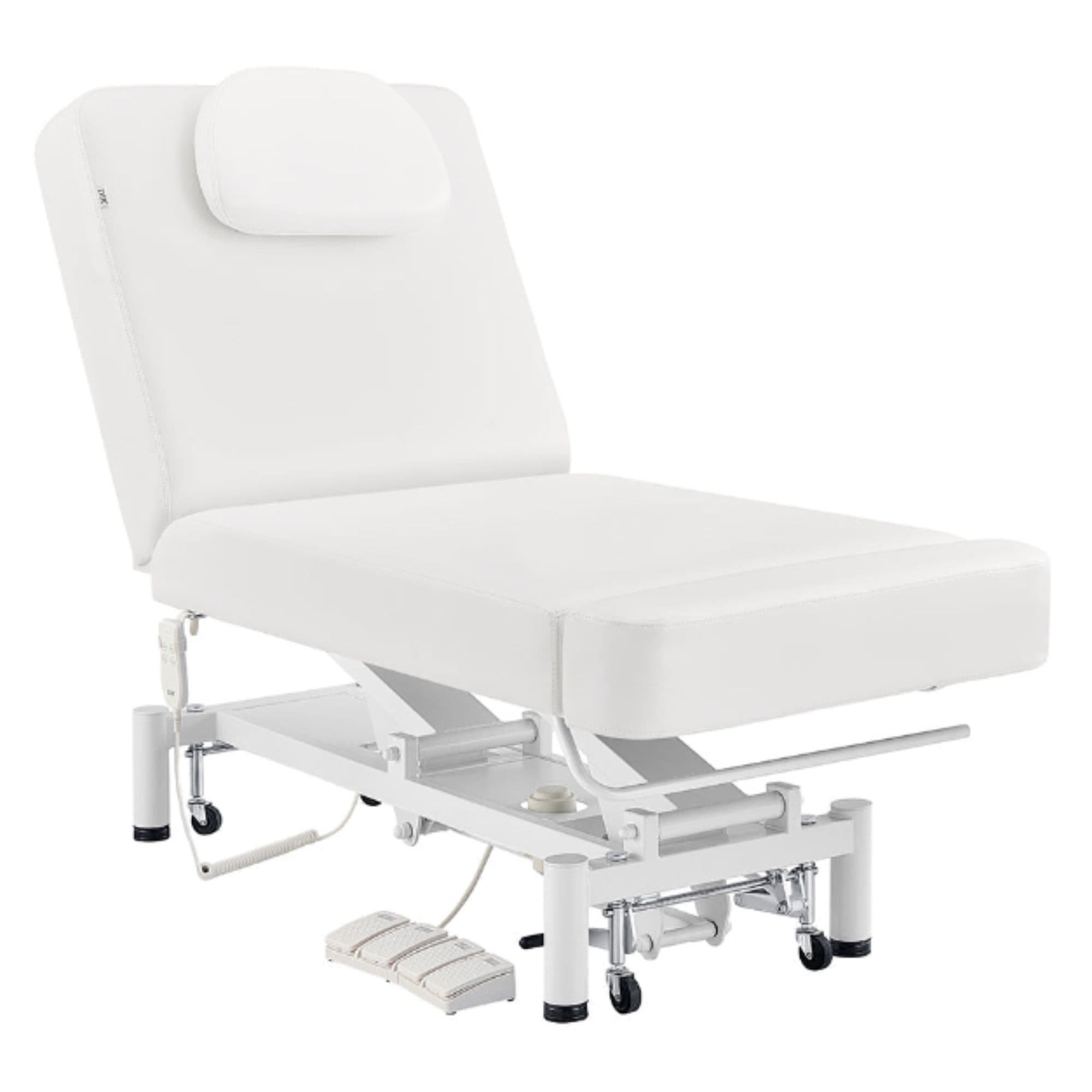 DIR WellRelax 2-Motors Therapy Treatment Table with Tilting Cradle Pillow White Front Angled View With Cradle And Foot Control On White Background