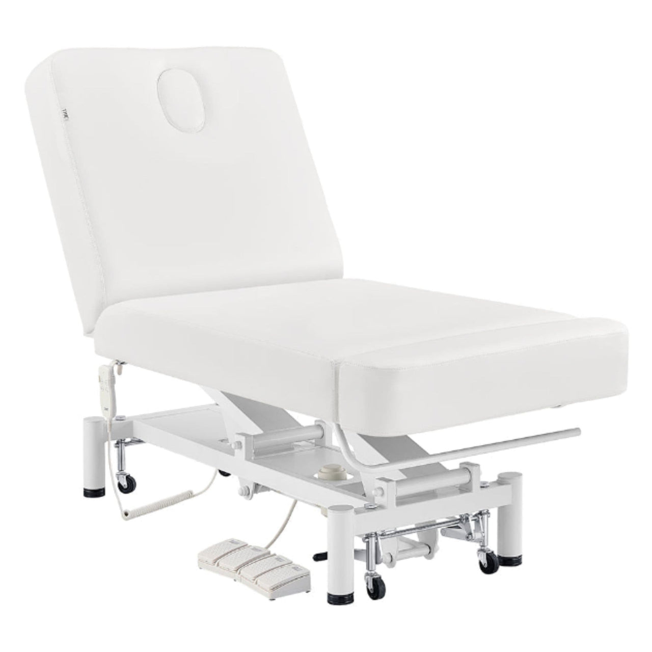 DIR WellRelax 2-Motors Therapy Treatment Table with Tilting Cradle Pillow White Front Angled View With Foot Control On White Background