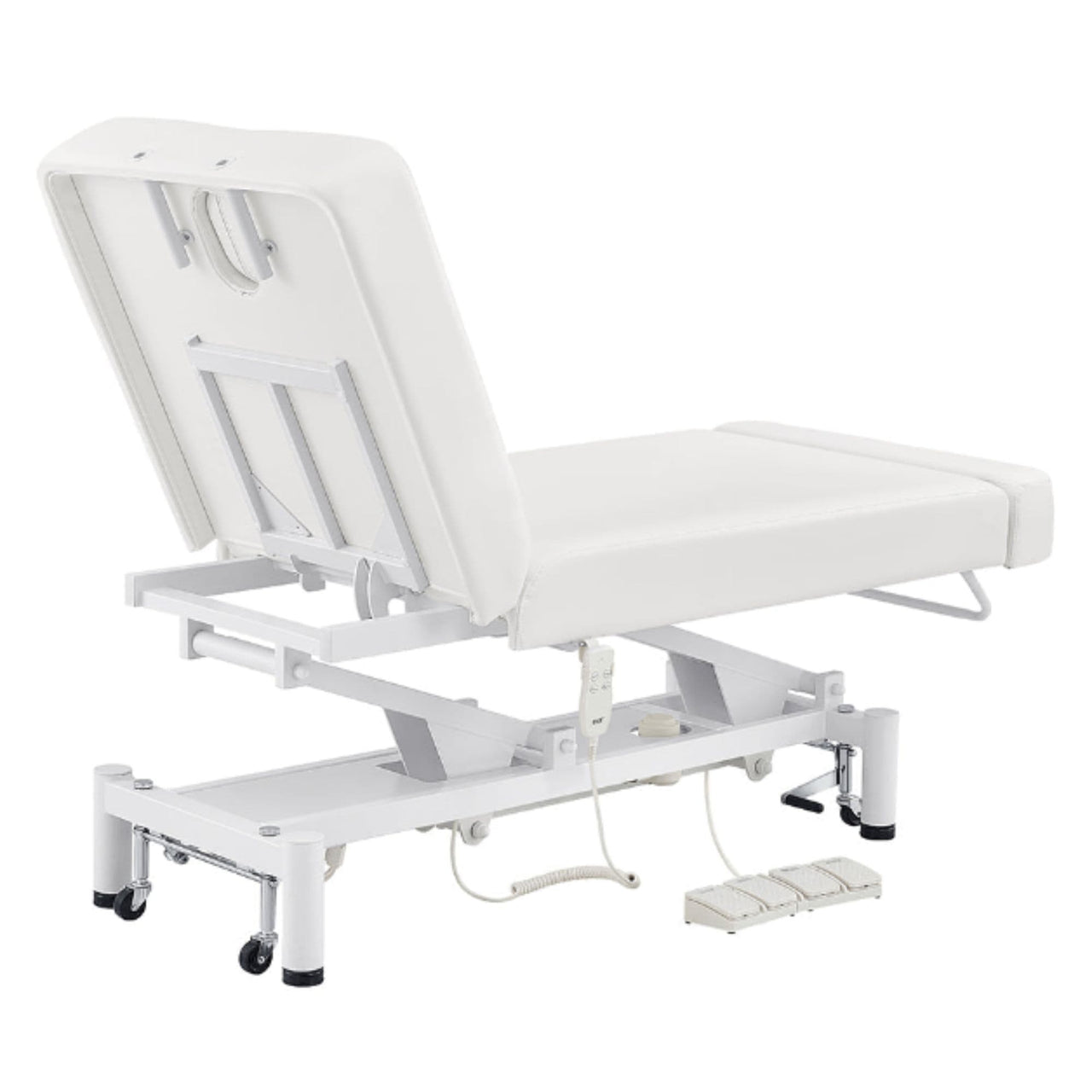 DIR WellRelax 2-Motors Therapy Treatment Table with Tilting Cradle Pillow White Rear View With Foot Control On White Background