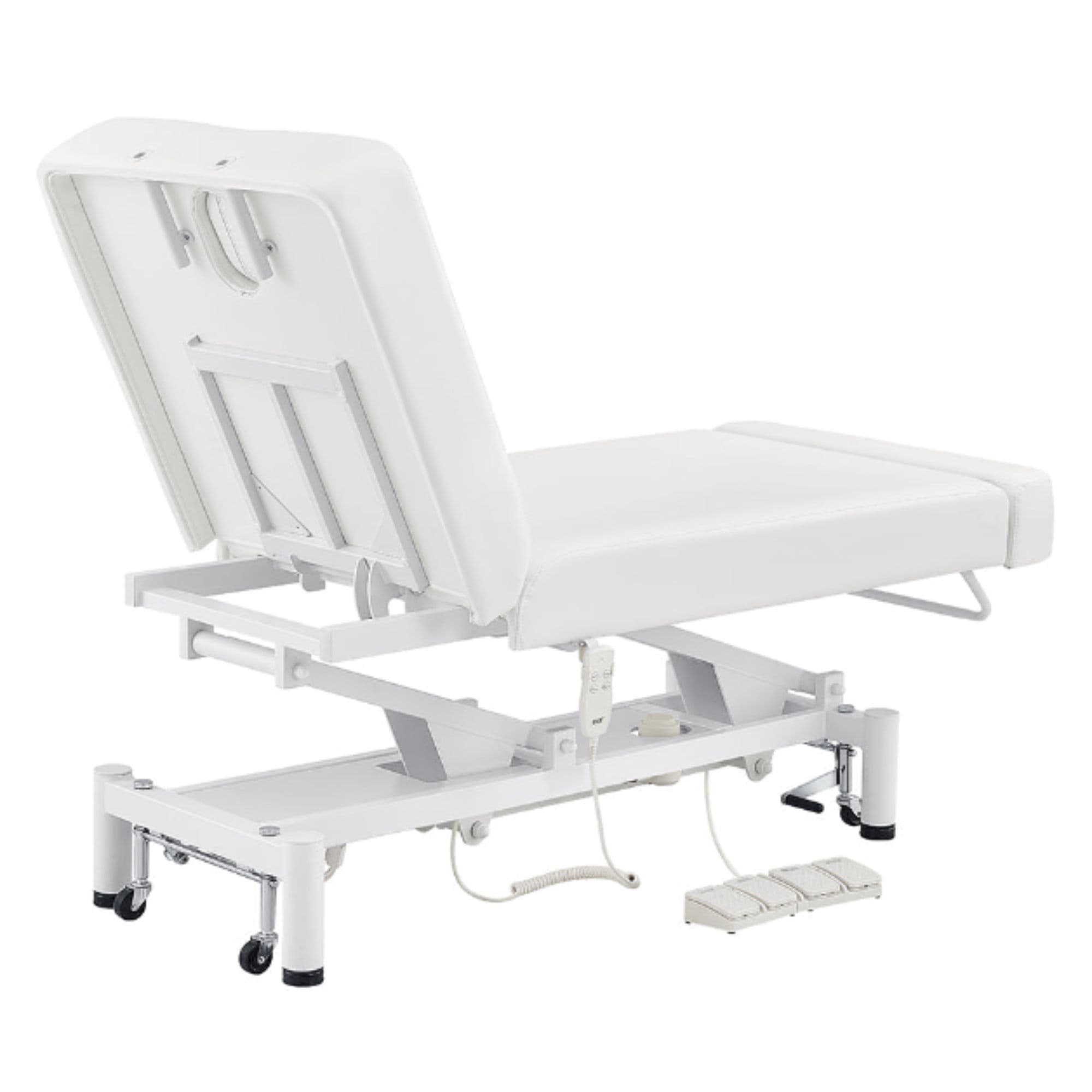 DIR WellRelax 2-Motors Therapy Treatment Table with Tilting Cradle Pillow White Rear View With Foot Control On White Background